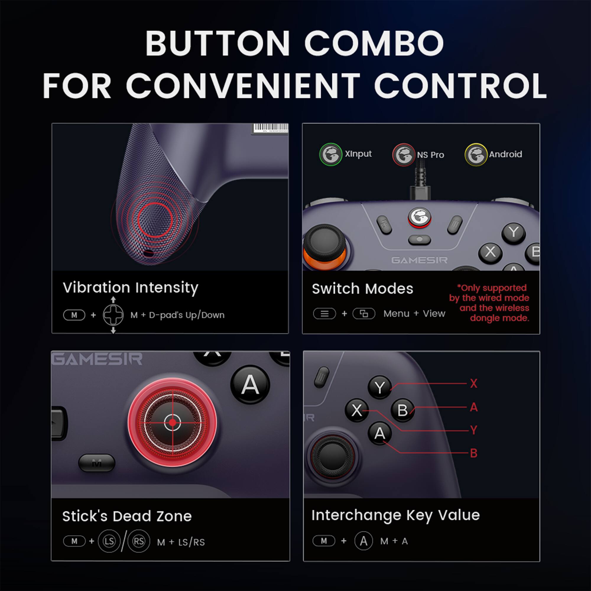 Button Combo for Convenient Control:
1. Xinput NS Pro: Android
2. Vibration Intensity
3. Switch Modes
4. Stick's Dead Zone
5. Interchange Key Value