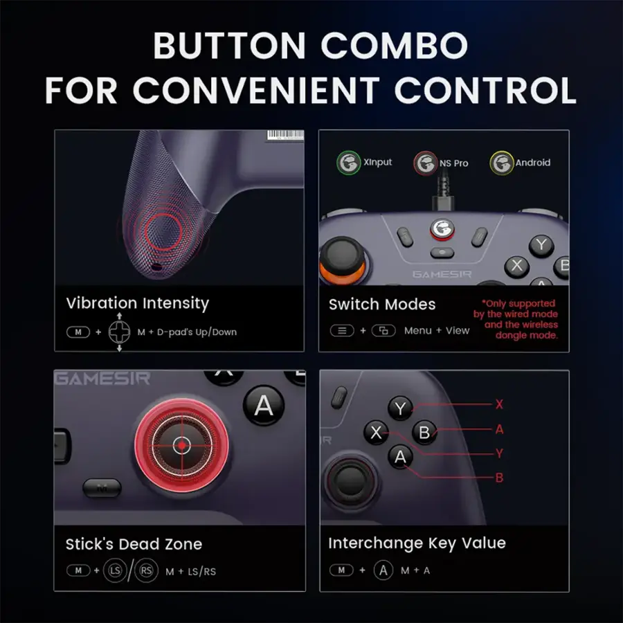 Button Combo for Convenient Control:

1. Xinput NS Pro: Android
2. Vibration Intensity
3. Switch Modes
4. Stick's Dead Zone
5. Interchange Key Value