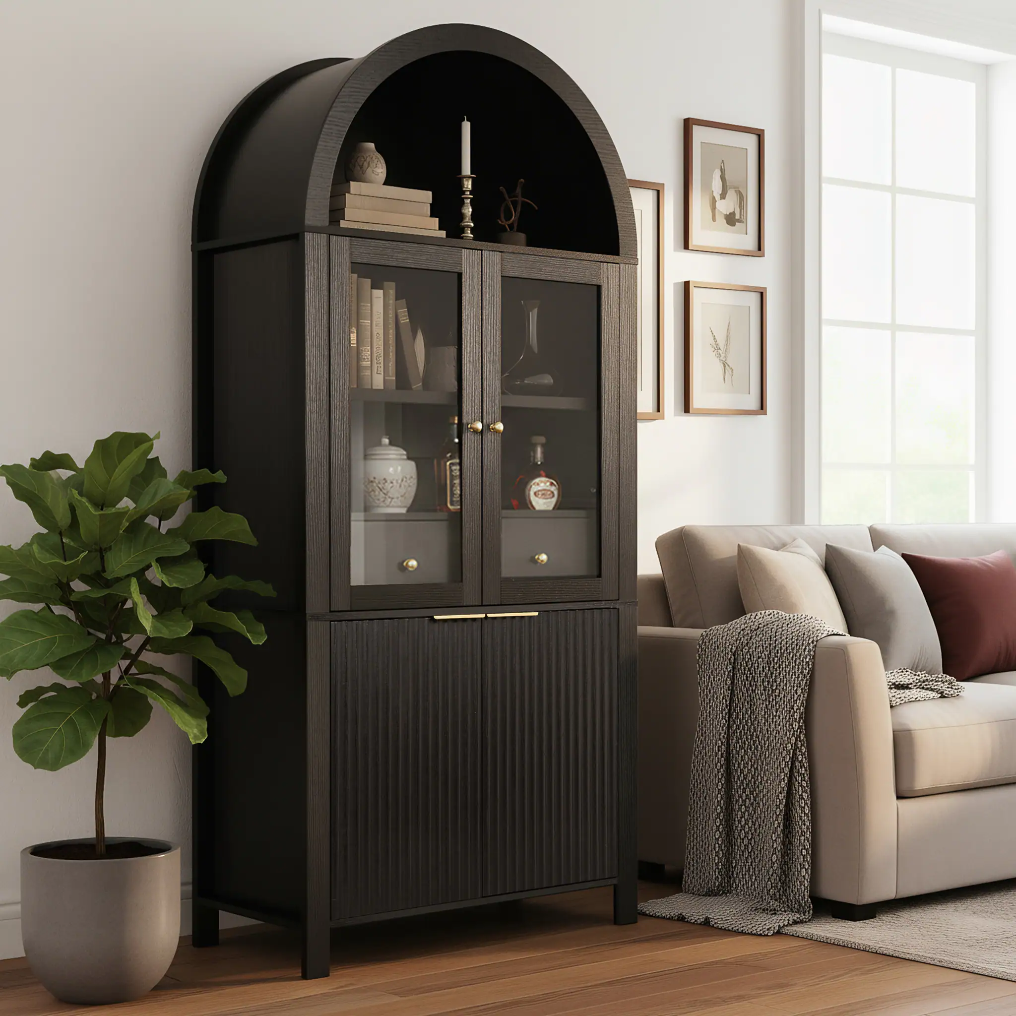 Alt View 2. Loheer - Loheer Arched Pantry Cabinet, Tall Fluted Black Pantry Cabinet with Glass Doors, Drawer, Adjustable Shelves, 71in - Black.