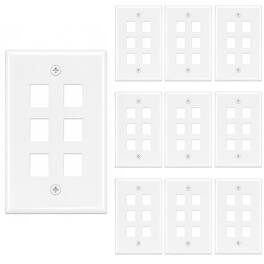 Cmple.com - 6 Port Keystone Wall Plate 10 Pack Single Gang for RJ45 Ethernet HDMI Coax & Audio - White
