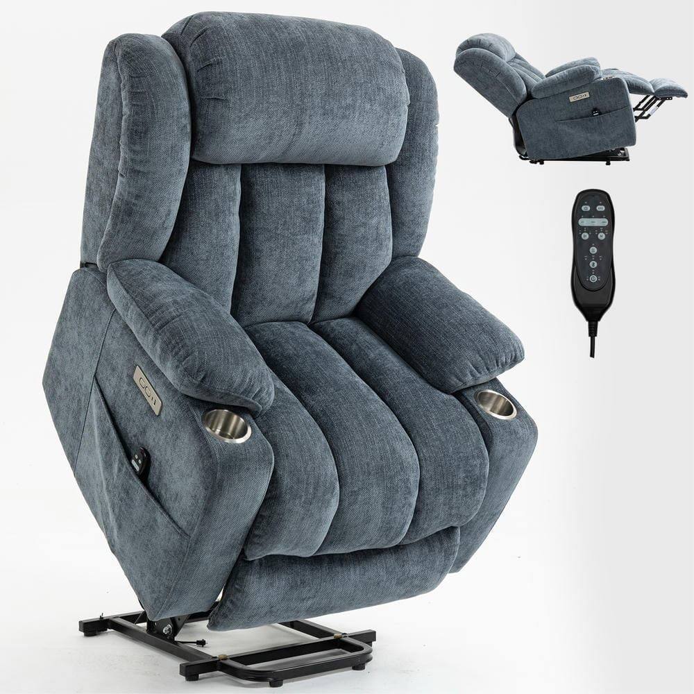Angle. Kadyn - Power Lift Recliner Chair, 8-Point Massage & Heat, Dual USB Ports, Cup Holders, 350lb Capacity, Gray-Blue - Blue.