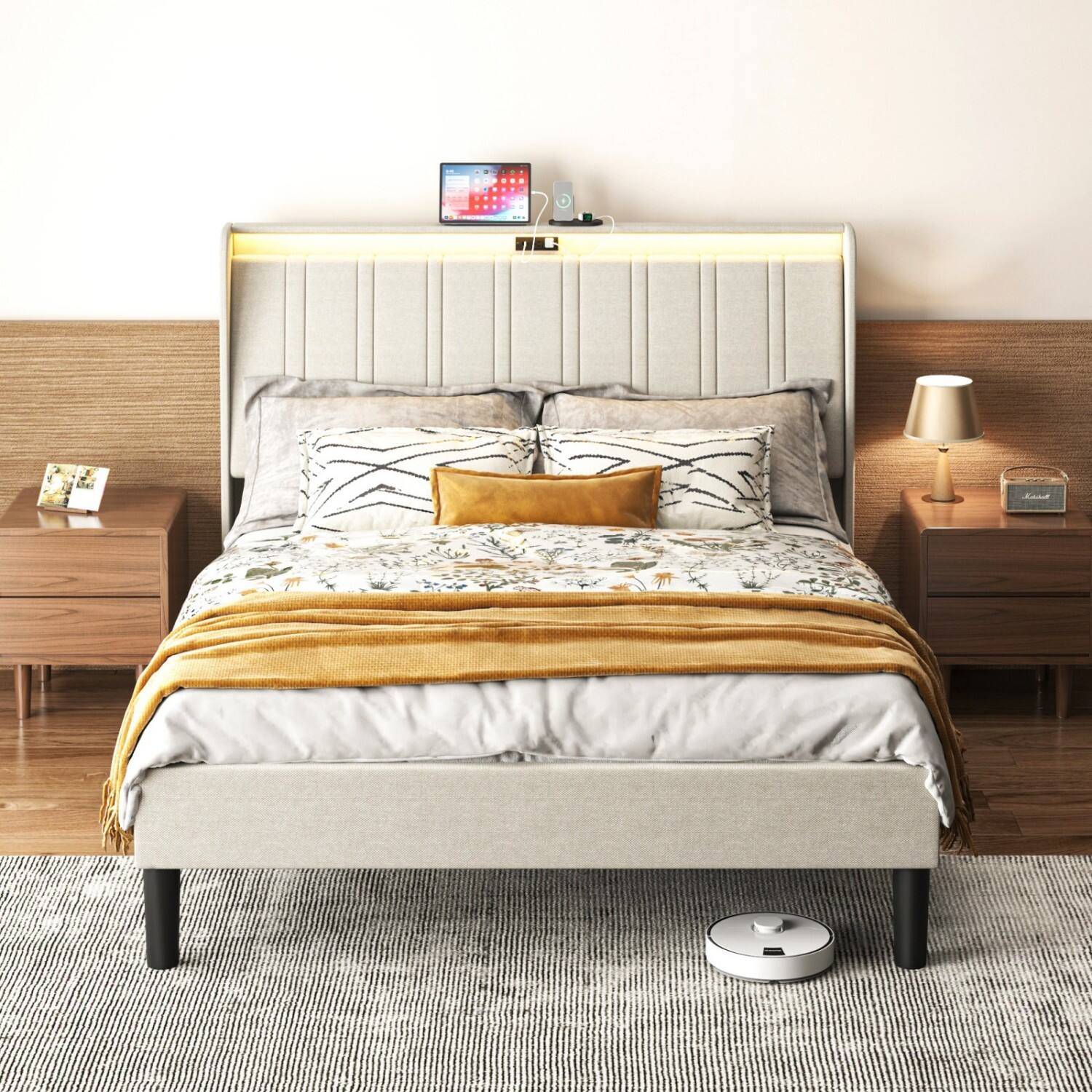 Alt View 10. Ecooso - Full Size Platform Bed Frame with Fabric Upholstered Headboard and Wooden Slats Support - Espresso.