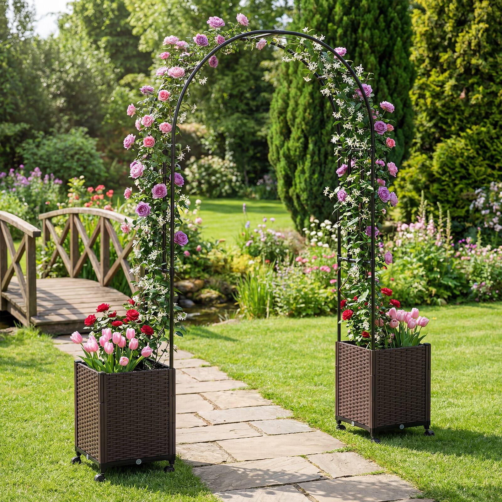 Alt View 4. Costway - Costway Garden Arch Trellis with 2 Self-watering Planter Boxes, Lockable Wheels for Plants - Black,Brown.