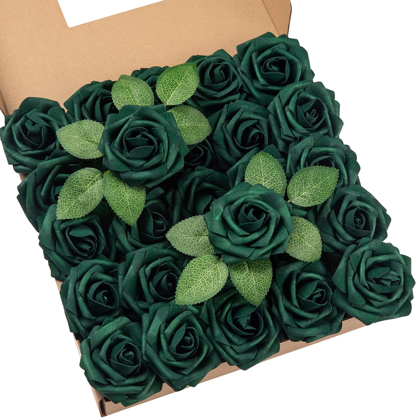 Stylel Star - 25pcs Artificial Roses Flowers With Stems Real Touch Foam For Diy Wedding Bouquet Shower Centerpiece Floral - Hunt Green-25PCS