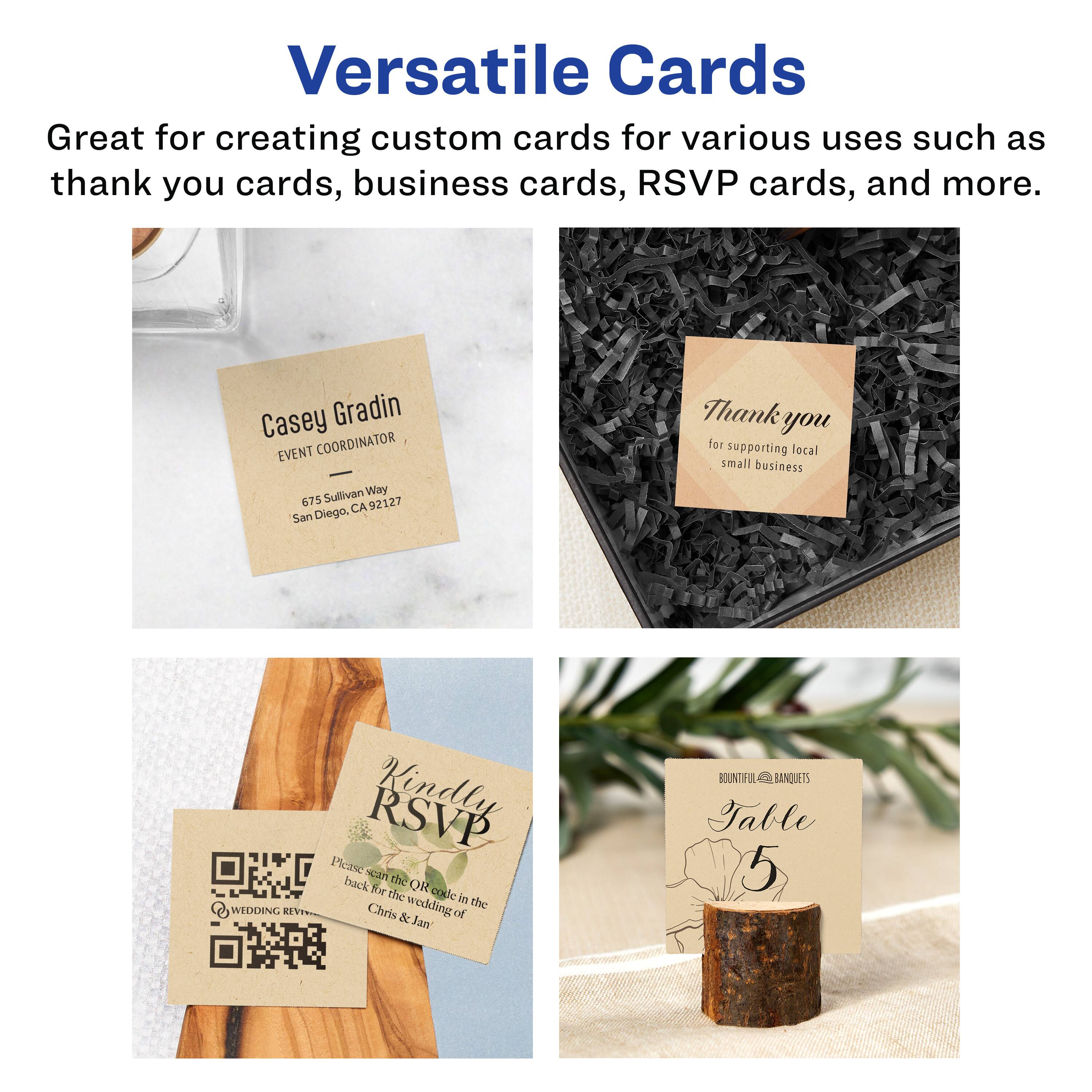 Versatile Cards

Great for creating custom cards for various uses such as thank you cards, business cards, RSVP cards, and more.

Casey Gradin  
EVENT COORDINATOR  
675 Sullivan Way  
San Diego, CA 92127

Thank you for supporting local small business

Kindly RSVP  
Please scan the QR code in the back for the wedding of Chris & Jan

Table 5  
BOUNTIFUL BANQUETS