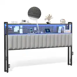 Winado - King Size Adjustable Upholstered Headboard Only with 2 Tier Shelves and Pegboard with Charging Stations and LED Lights - Linen & Dark Gray