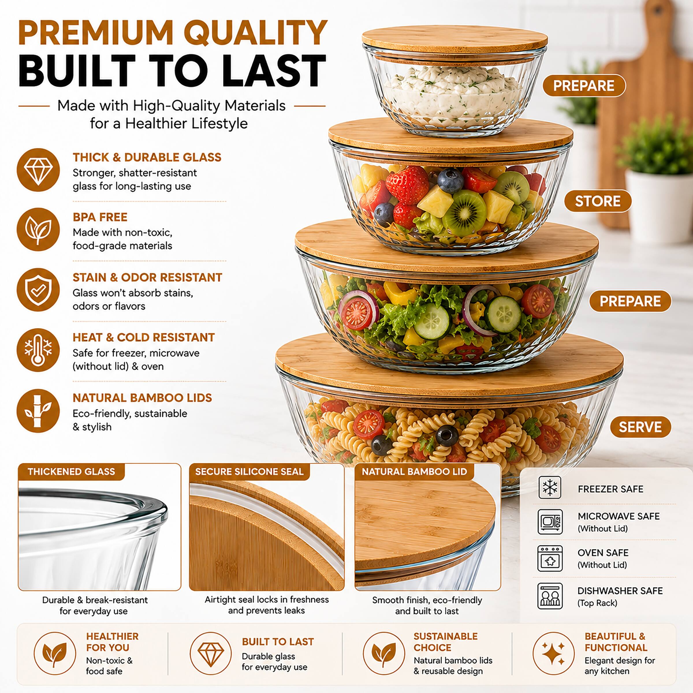 PREMIUM QUALITY BUILT TO LAST

Made with High-Quality Materials for a Healthier Lifestyle

THICK & DURABLE GLASS
Stronger, shatter-resistant glass for long-lasting use

BPA FREE
Made with non-toxic, food-grade materials

STAIN & ODOR RESISTANT
Glass won't absorb stains, odors or flavors

HEAT & COLD RESISTANT
Safe for freezer, microwave (without lid) & oven

NATURAL BAMBOO LIDS
Eco-friendly, sustainable & stylish

THICKENED GLASS
Durable & break-resistant for everyday use

SECURE SILICONE SEAL
Airtight seal locks in freshness and prevents leaks

NATURAL BAMBOO LID
Smooth finish, eco-friendly and built to last

HEALTHIER FOR YOU
Non-toxic & food safe

BUILT TO LAST
Durable glass for everyday use

SUSTAINABLE CHOICE
Natural bamboo lids & reusable design

BEAUTIFUL & FUNCTIONAL
Elegant design for any kitchen

PREPARE
STORE
PREPARE
SERVE

FREEZER SAFE
MICROWAVE SAFE (Without Lid)
OVEN SAFE (Without Lid)
D