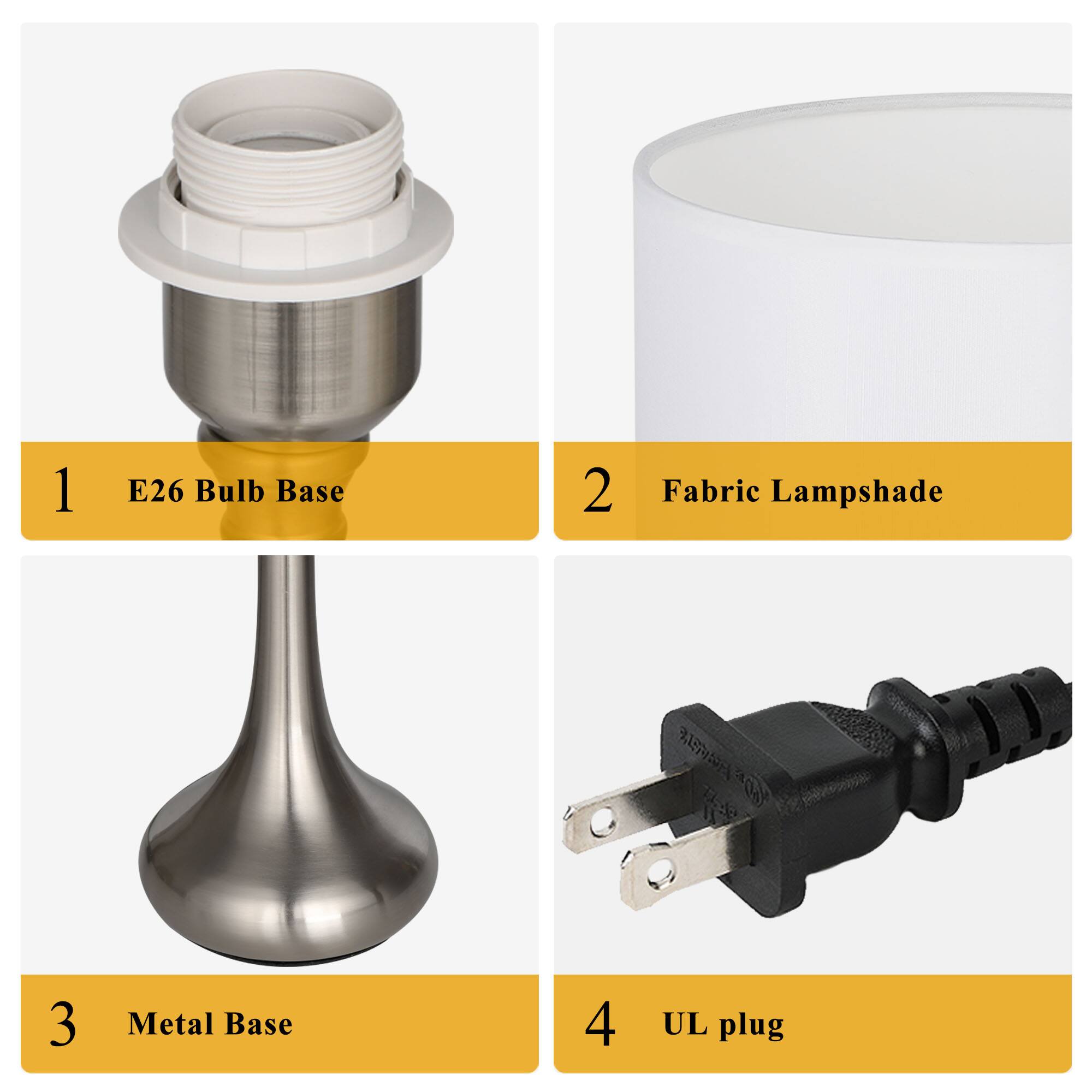 1. E26 Bulb Base  
2. Fabric Lampshade  
3. Metal Base  
4. UL plug