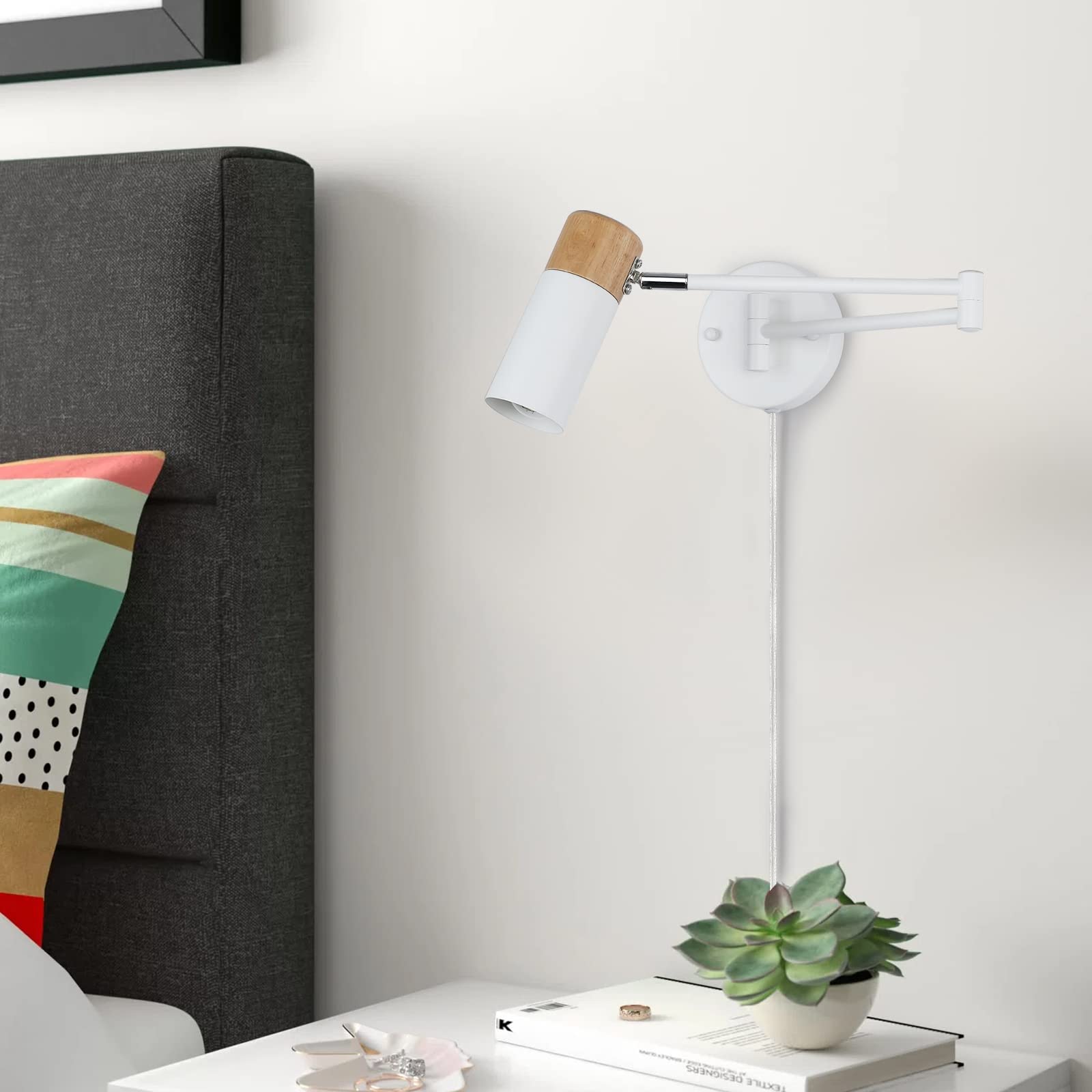 Left. TECH SAFARI - Modern Industrial Swing Arm Wall Lamp With Plug In Cord For Bedroom Living Room Office Rotatable Lampshade - swing white.