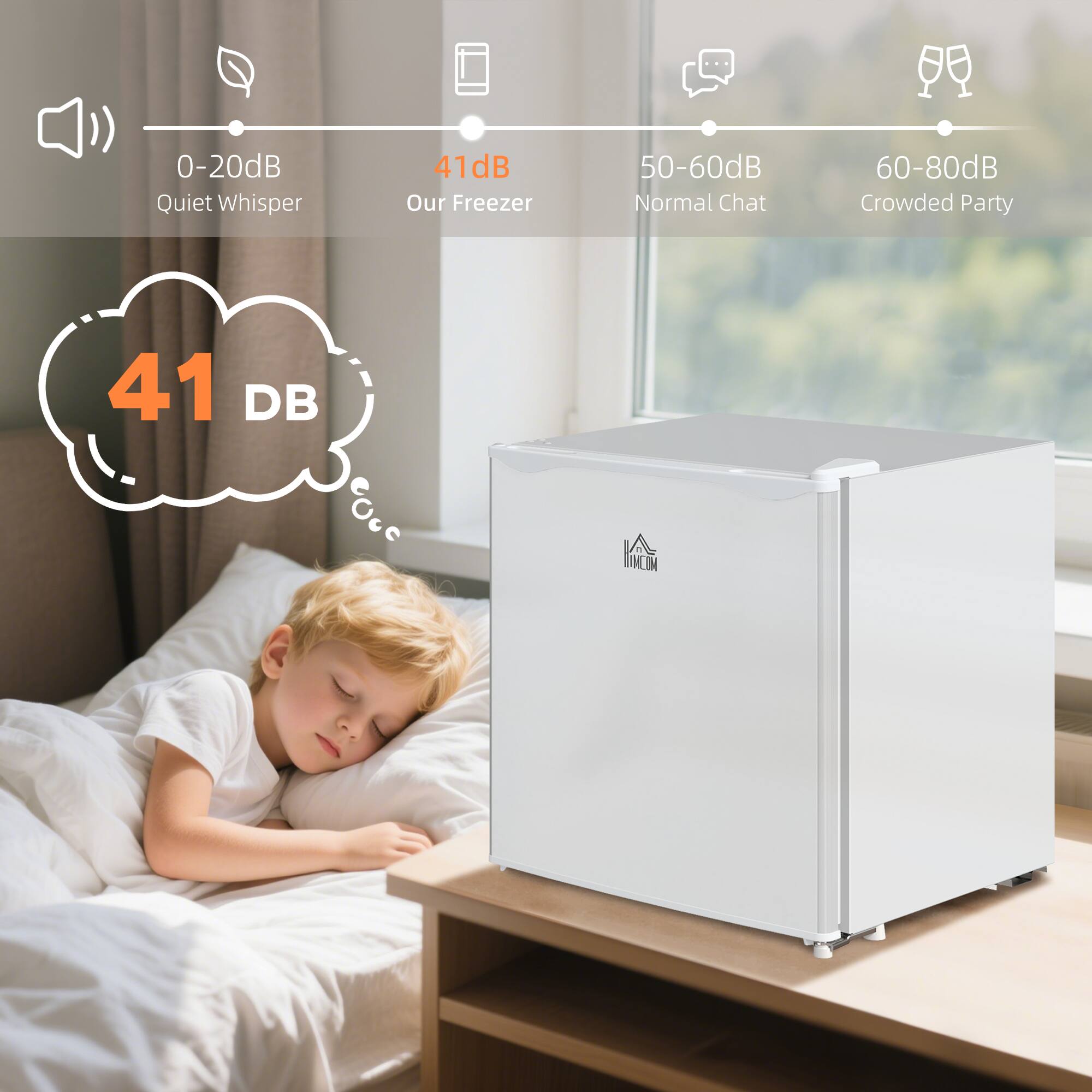 0-20dB Quiet Whisper  
41dB Our Freezer  
50-60dB Normal Chat  
60-80dB Crowded Party  

41 DB  
DINCIN