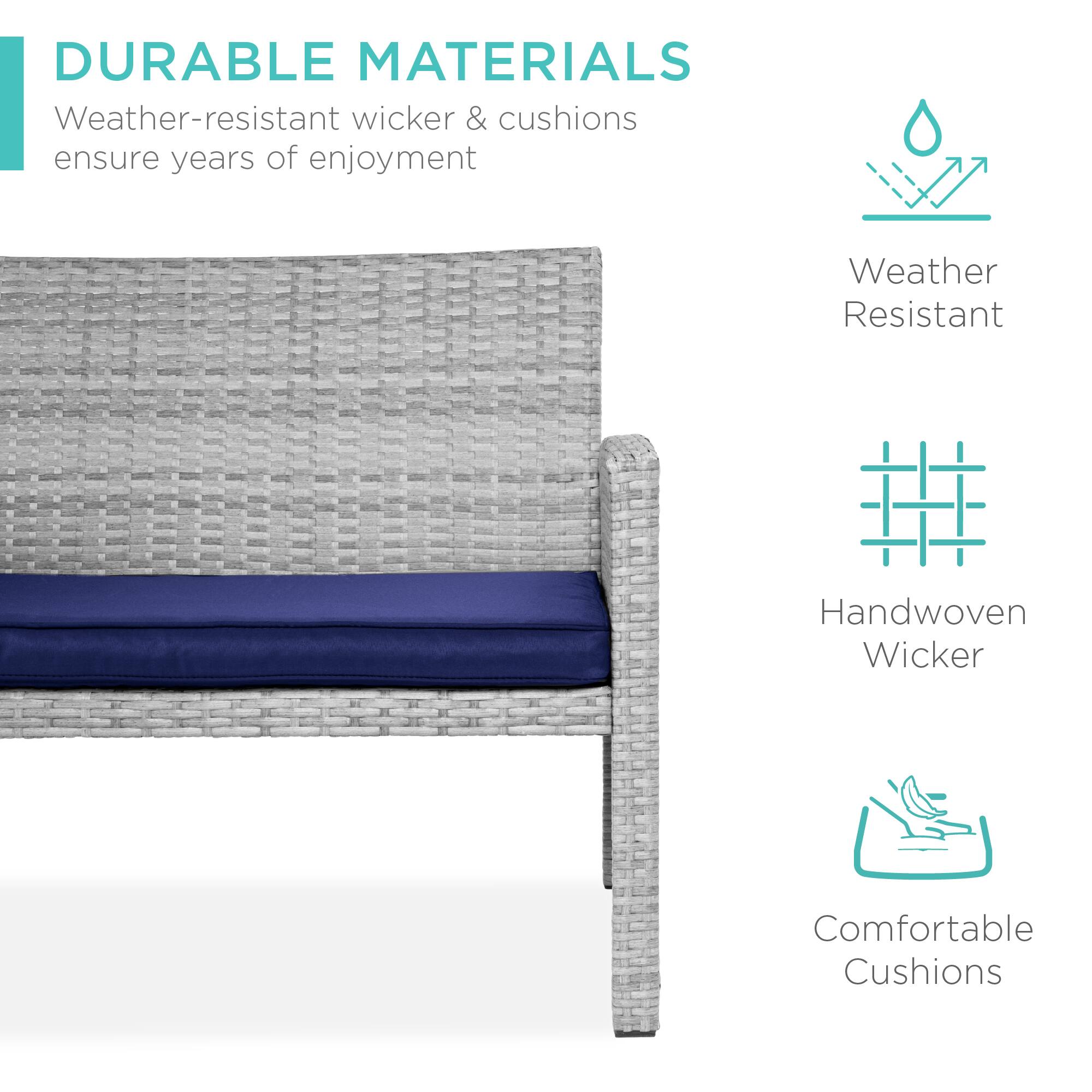 DURABLE MATERIALS  
Weather-resistant wicker & cushions ensure years of enjoyment  

Weather Resistant  
Handwoven Wicker  
Comfortable Cushions