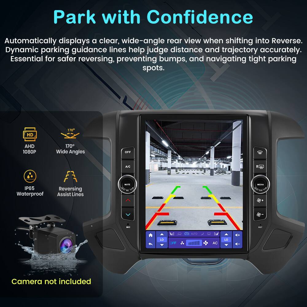 Park with Confidence

Automatically displays a clear, wide-angle rear view when shifting into Reverse. Dynamic parking guidance lines help judge distance and trajectory accurately. Essential for safer reversing, preventing bumps, and navigating tight parking spots.

- HD AHD 1080P
- 170° Wide Angles
- IP65 Waterproof
- Reversing Assist Lines

Camera not included