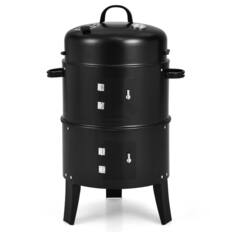 Front. Gymax - 3 in 1 Vertical Charcoal BBQ Smoker Grill Separable w/ Built-in Thermometer - Black.