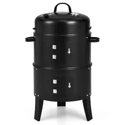 Front. Gymax - 3 in 1 Vertical Charcoal BBQ Smoker Grill Separable w/ Built-in Thermometer - Black.