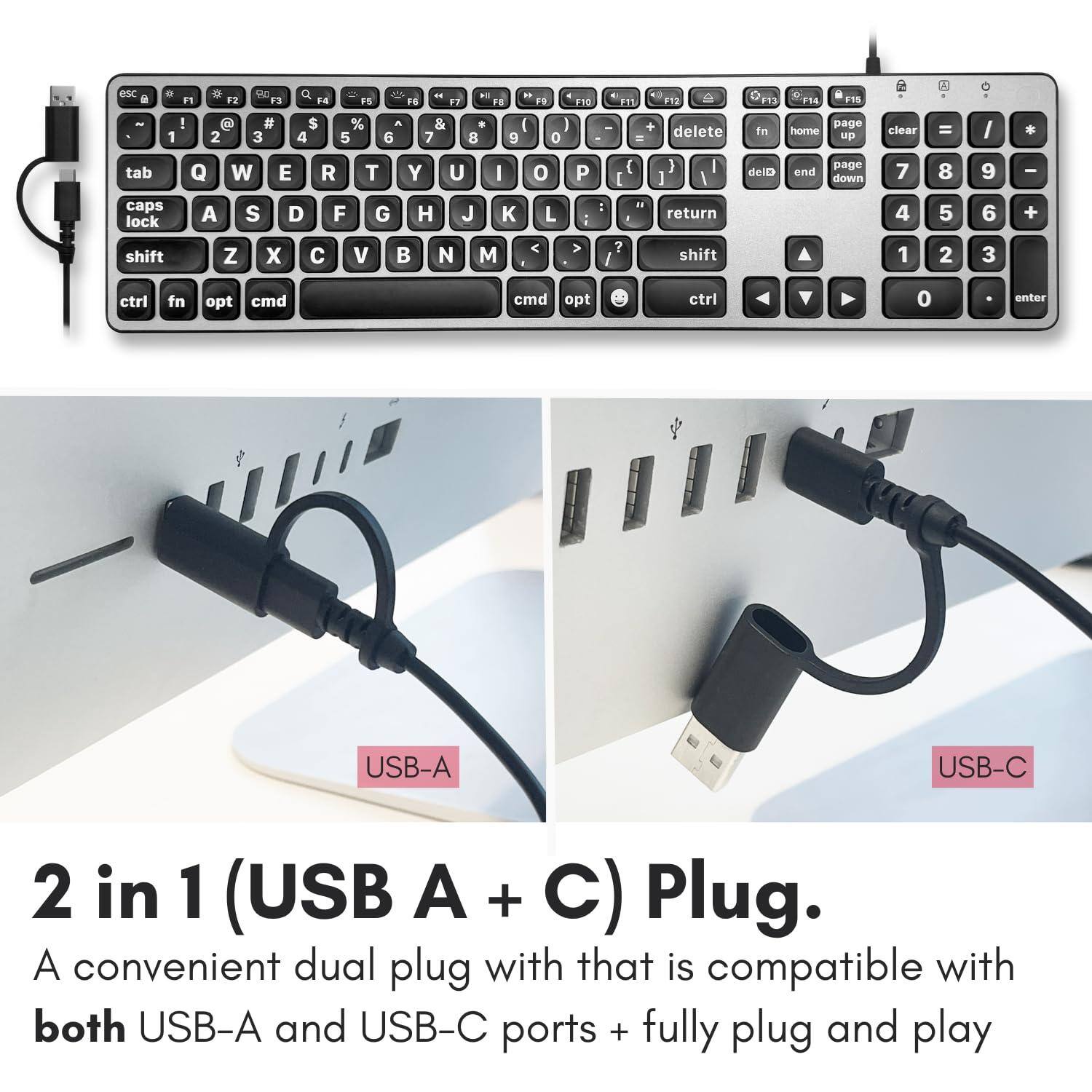 2 in 1 (USB A + C) Plug.  
A convenient dual plug with that is compatible with both USB-A and USB-C ports + fully plug and play