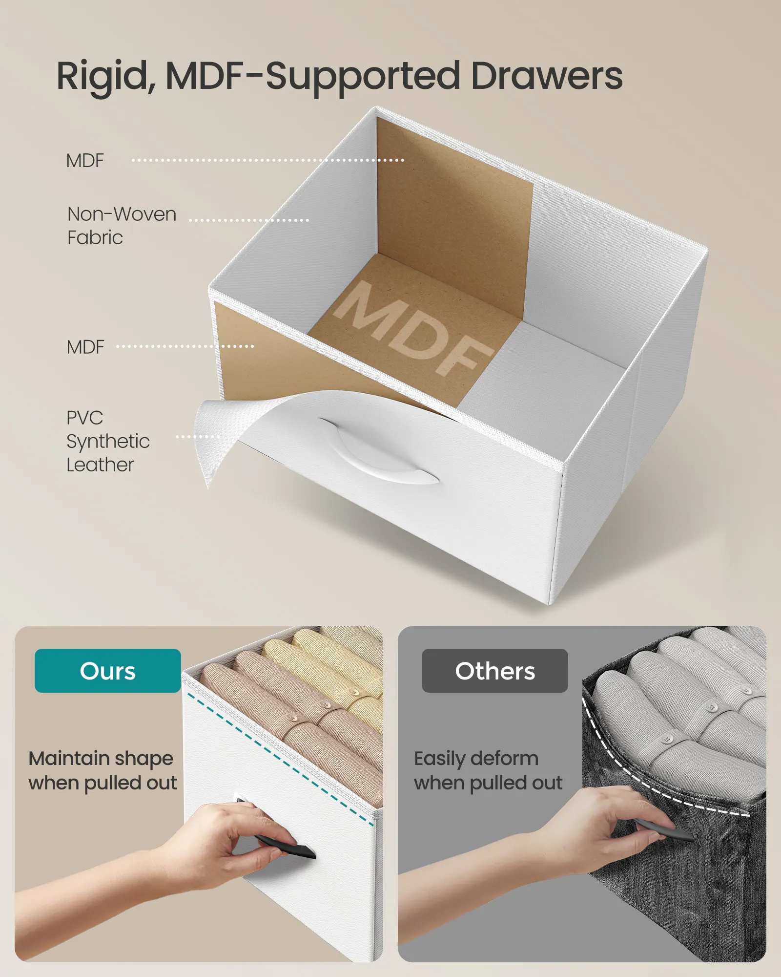 Rigid, MDF-Supported Drawers

MDF
Non-Woven Fabric
MDF
PVC Synthetic Leather

Ours
Maintain shape when pulled out

Others
Easily deform when pulled out