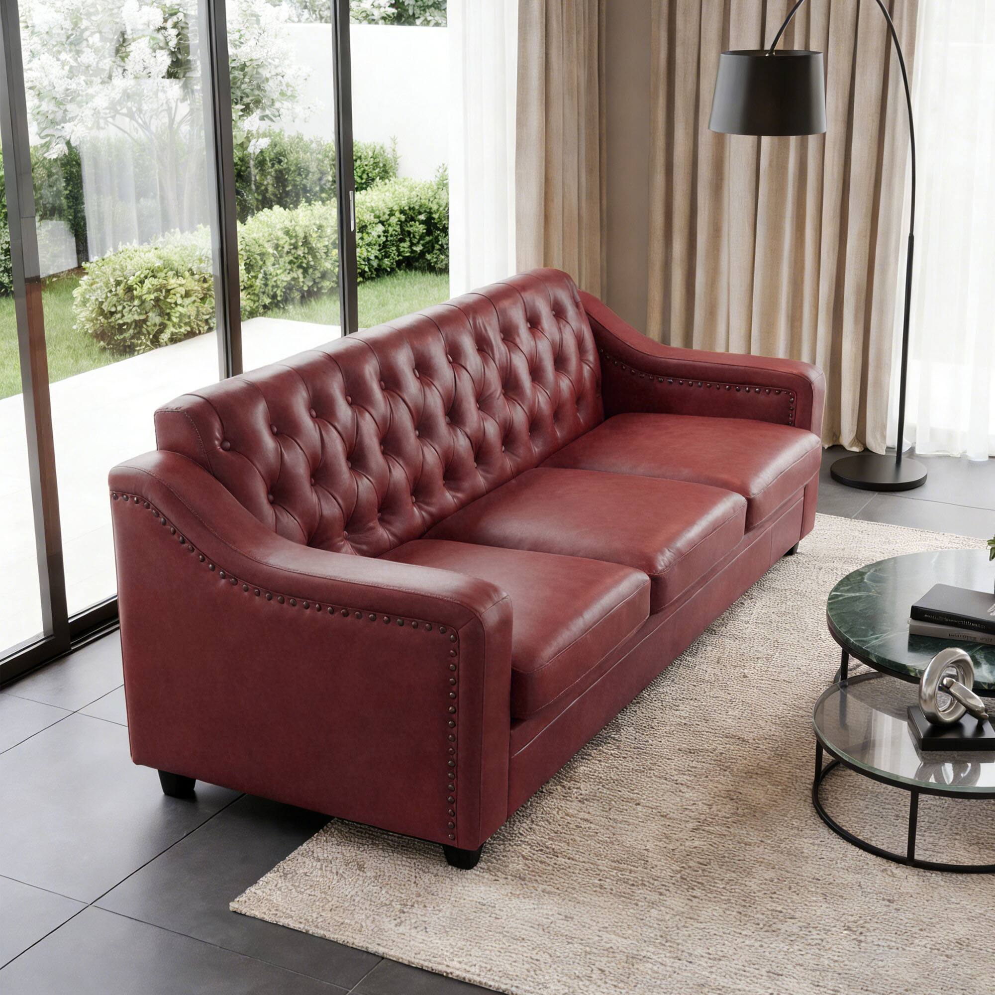 Alt View 3. Dyonery - 78.7" Three Seater Sofa, Chesterfield Sofa, Mid-Century Modern PU Upholstered, Deep Button TuftedRoom Sofa，Wine Red - Wine Red.