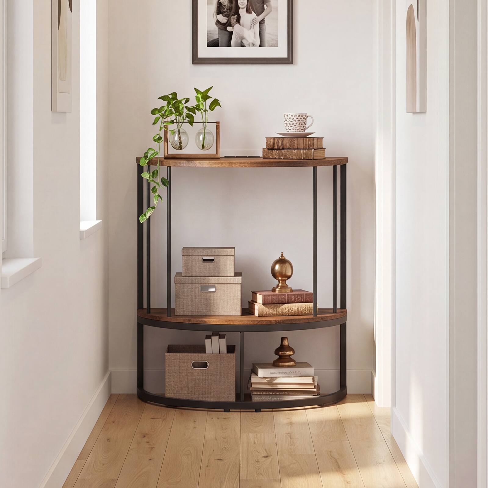 Alt View 5. Costway - Costway Half Moon Console Table with Power Outlets, 2-Tier Entryway Table with Storage Shelf - Rustic Brown & Black.