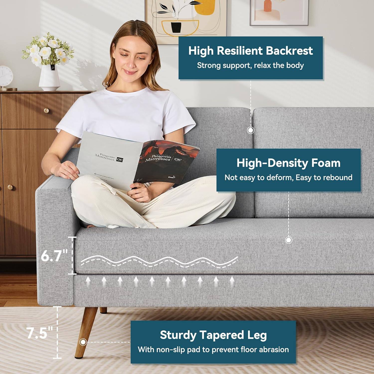 High Resilient Backrest  
Strong support, relax the body  

High-Density Foam  
Not easy to deform, Easy to rebound  

Sturdy Tapered Leg  
With non-slip pad to prevent floor abrasion  

6.7"  
7.5"