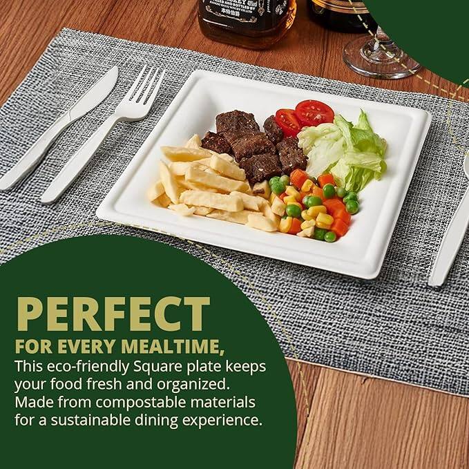 PERFECT FOR EVERY MEALTIME,

This eco-friendly Square plate keeps your food fresh and organized. Made from compostable materials for a sustainable dining experience.