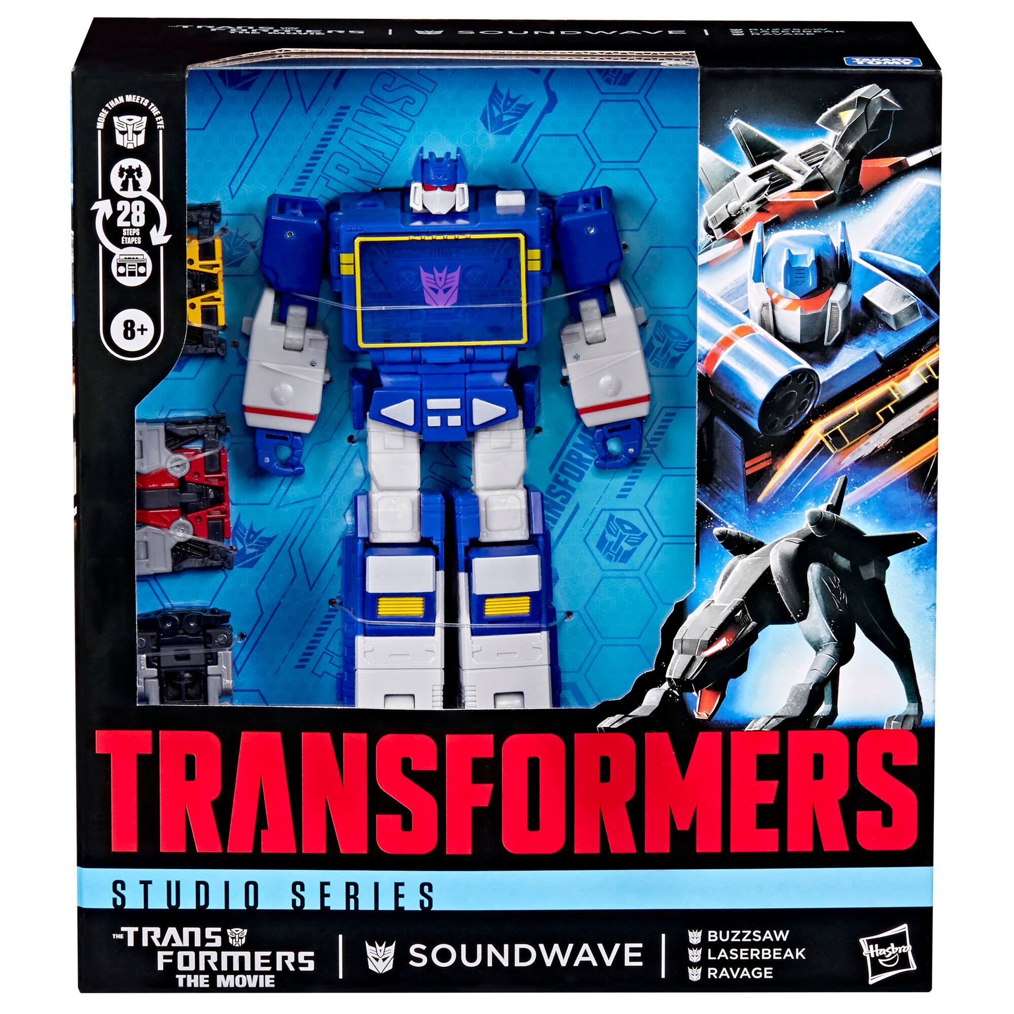 TRANSFORMERS  
STUDIO SERIES  
TRANSFORMERS THE MOVIE  

SOUNDWAVE  
BUZZSAW  
LASERBEAK  
RAVAGE  

28 PIECES  
8+