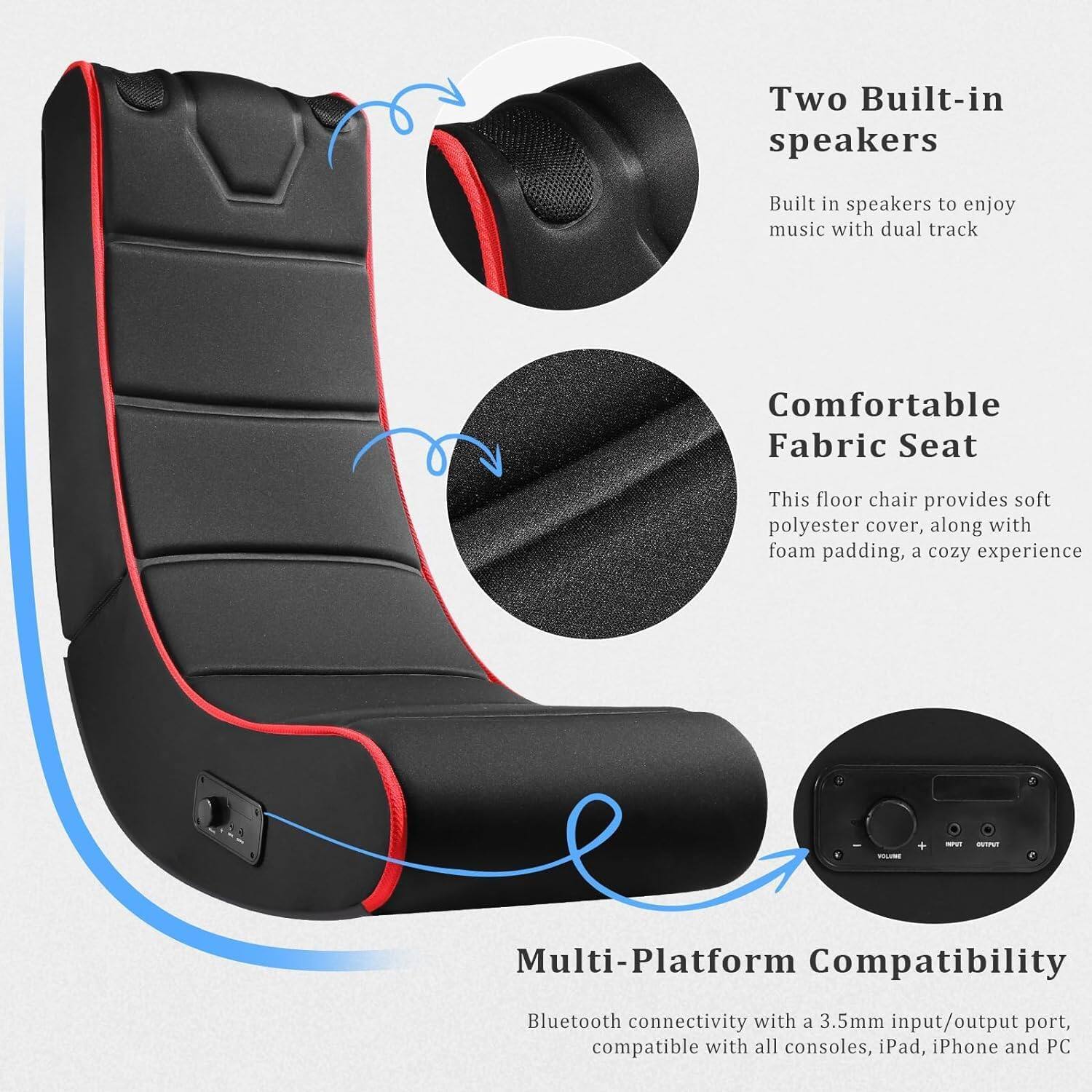 Two Built-in speakers  
Built in speakers to enjoy music with dual track  

Comfortable Fabric Seat  
This floor chair provides soft polyester cover, along with foam padding, a cozy experience  

Multi-Platform Compatibility  
Bluetooth connectivity with a 3.5mm input/output port, compatible with all consoles, iPad, iPhone and PC