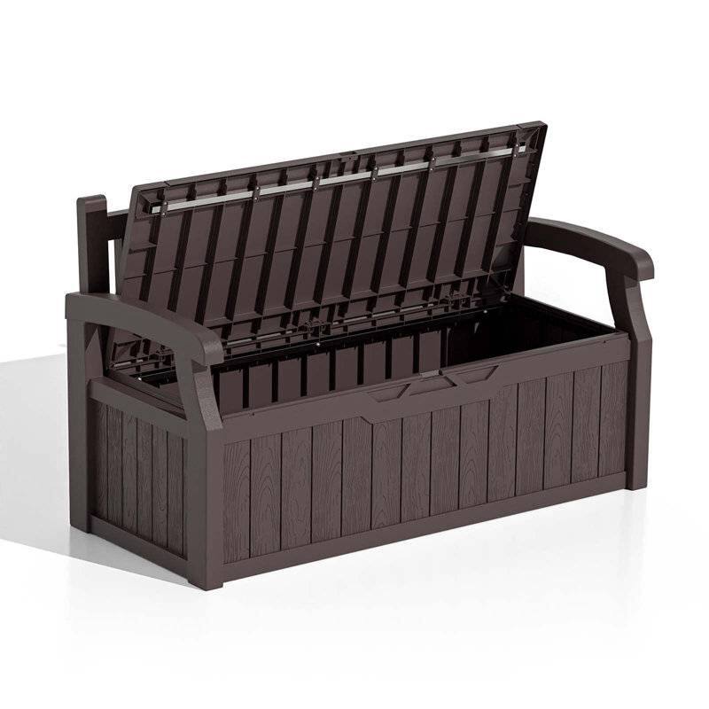Angle. SlickBlue - Heavy Duty Plastic Outdoor Storage Bench for Garden, Patio, or Deck - Brown.
