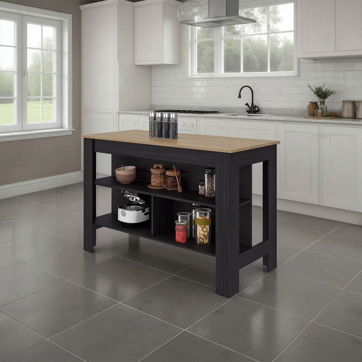 Loheer - Open Storage Kitchen Island Rectangular Prep Station - Wenge