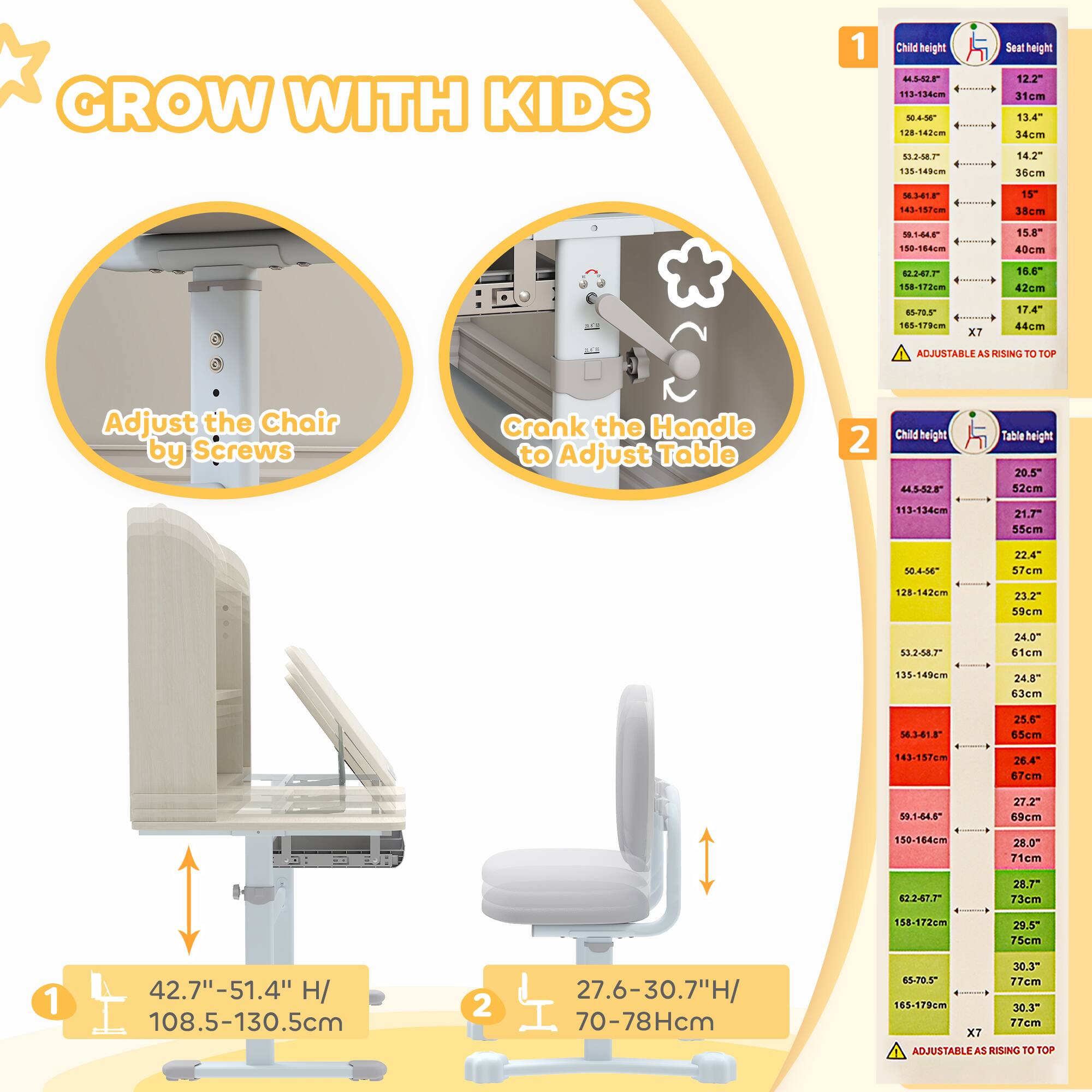 GROW WITH KIDS

1. Child height
   - 45-52" (113-134cm): Seat height 12.2" (31cm)
   - 53-58.7" (135-143cm): Seat height 13.4" (34cm)
   - 53-58.7" (135-143cm): Seat height 14.2" (36cm)
   - 53-58.7" (135-143cm): Seat height 15" (38cm)
   - 58.1-64.8" (147-165cm): Seat height 15.8" (40cm)
   - 58.1-64.8" (147-165cm): Seat height 16.6" (42cm)
   - 65-70.5" (165-179cm): Seat height 17.4" (44cm)

   ADJUSTABLE AS RISING