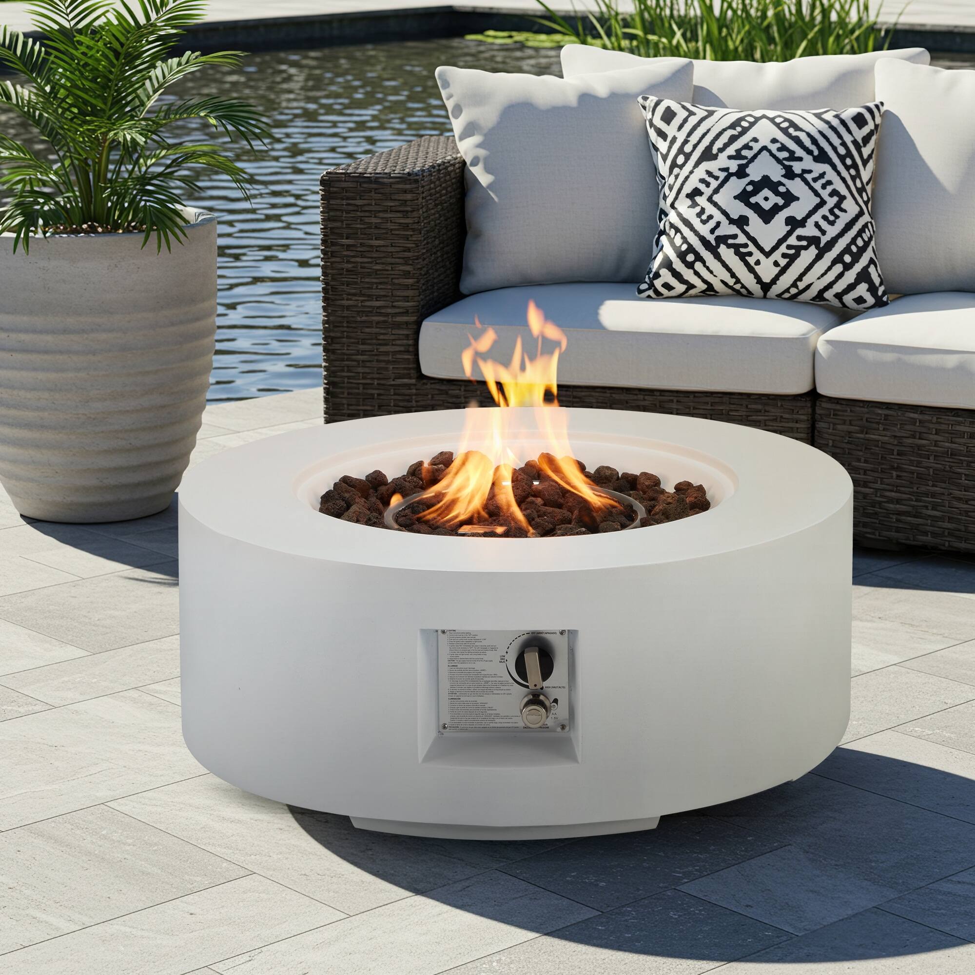 Angle. U-HOMY - Round Propane Fire Pit Set with Side Cabinet – Outdoor Patio Heating for Backyard - Table.