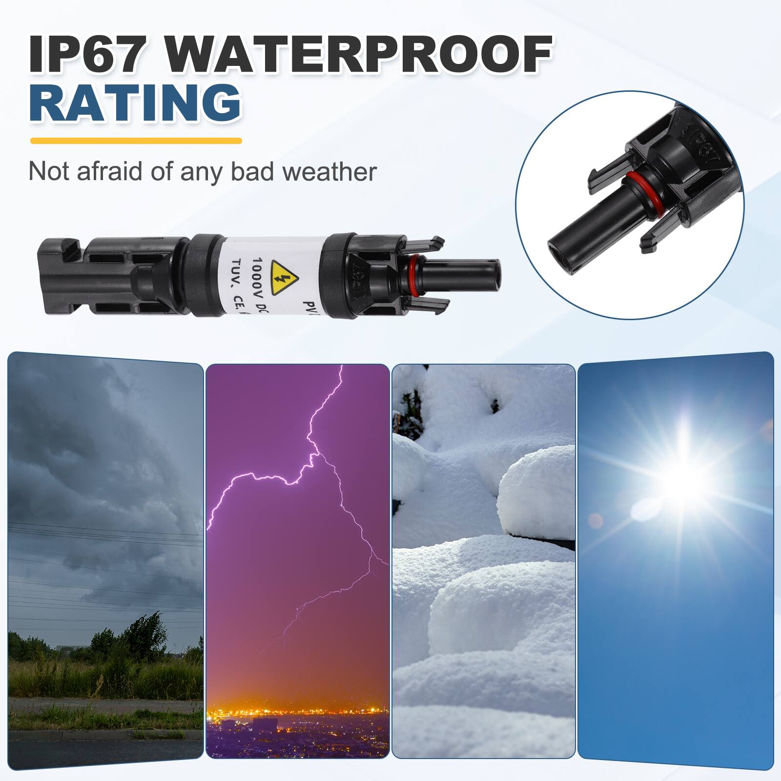 IP67 WATERPROOF RATING  
Not afraid of any bad weather  

TUV 1000V CE/ R PV