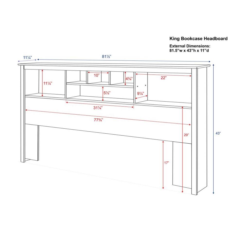 King Bookcase Headboard  
External Dimensions: 81.5"w x 43"h x 11"d  

- 11 1/4"  
- 81 1/2"  
- 10"  
- 5 1/2"  
- 31 1/4"  
- 77 3/4"  
- 4 1/2"  
- 9 1/2"  
- 22"  
- 29"  
- 17"