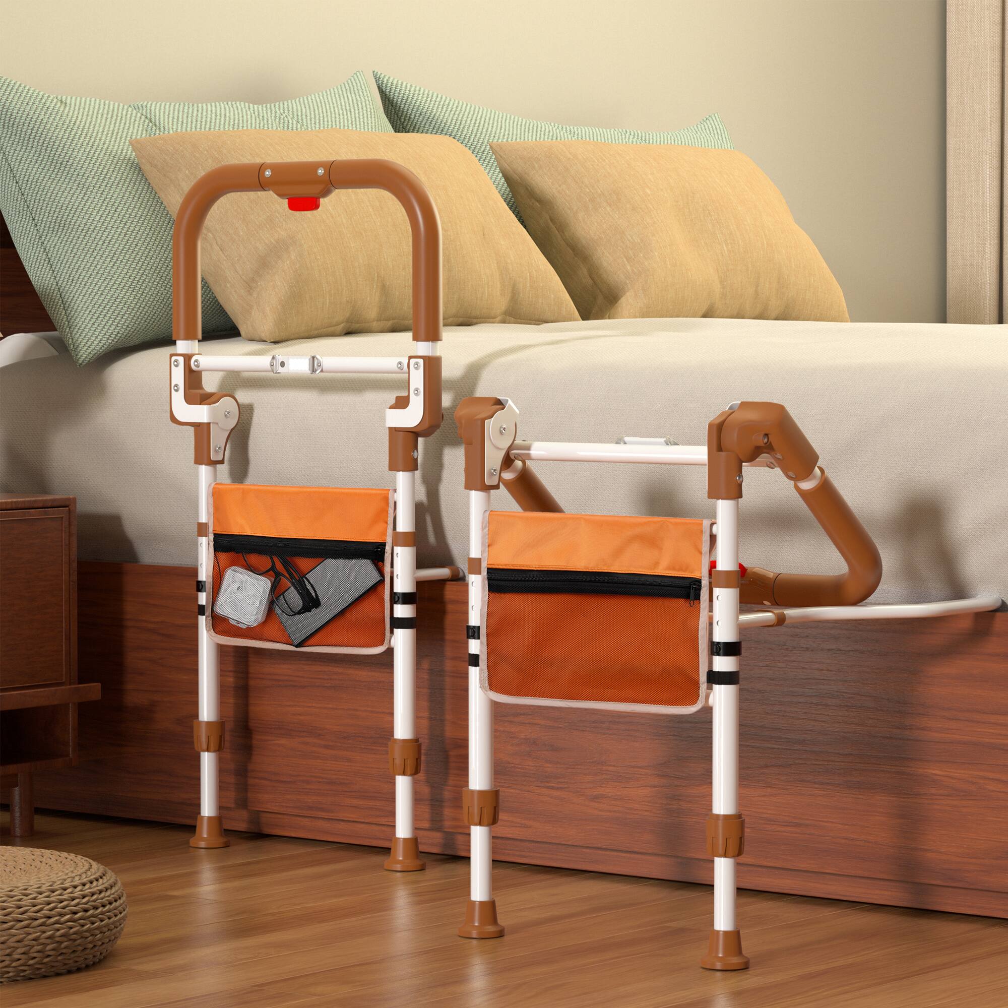 Alt View 4. Topteng - Foldable Bed Assist Rail with Storage Pouch - Height Adjustable, Non-Slip Grip, Supports 350 lbs, Fits All Bed Sizes - brown.