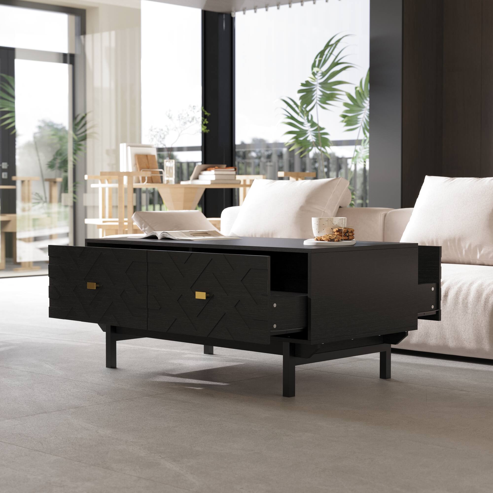 Alt View 2. FUFU & GAGA - Embossed Coffee Table with Dual Drawers and Artistic Carved Design for Living Room - Black.