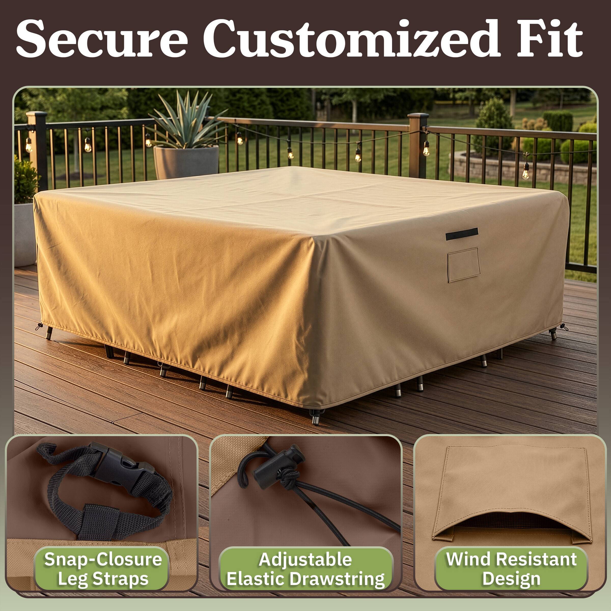 Secure Customized Fit

- Snap-Closure Leg Straps
- Adjustable Elastic Drawstring
- Wind Resistant Design