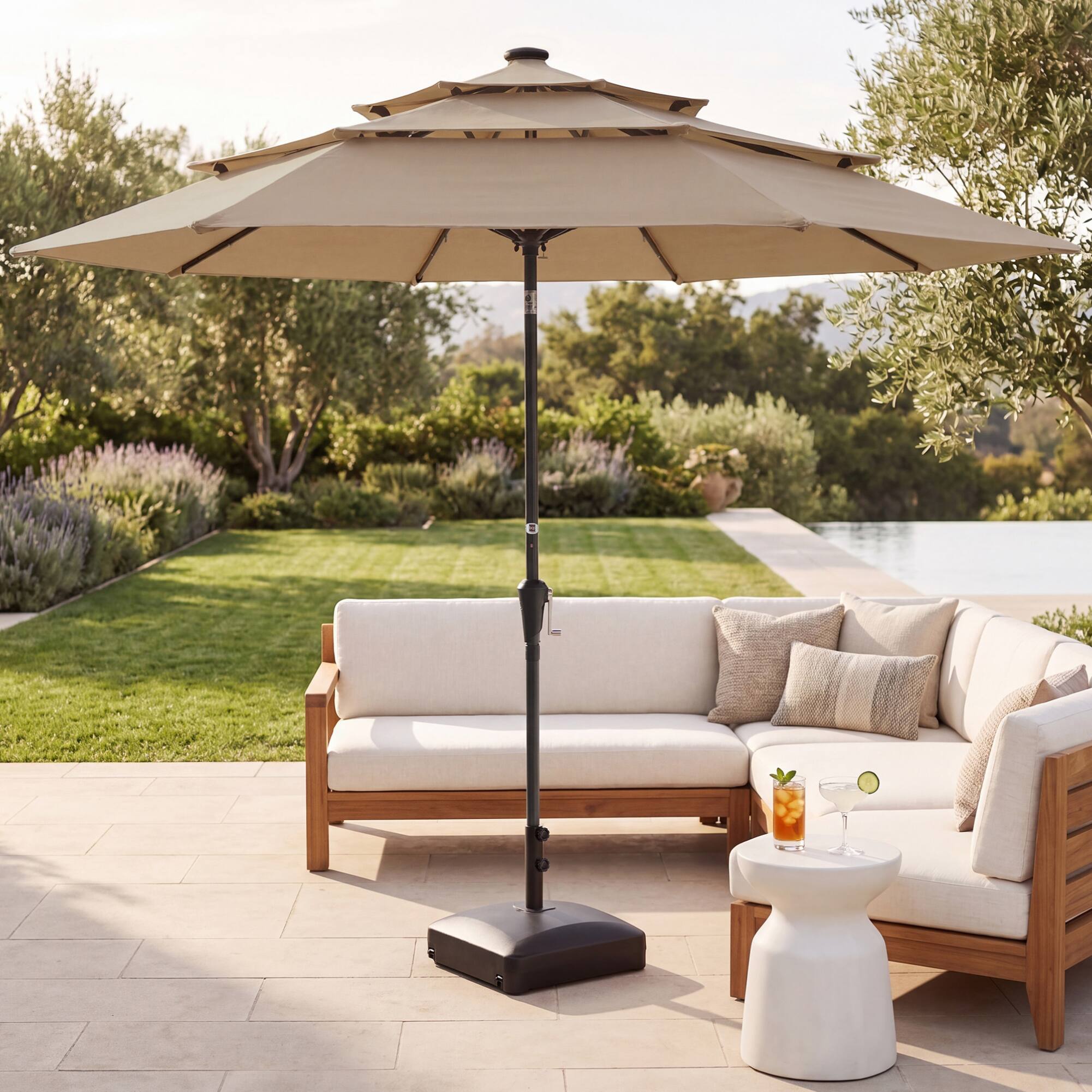 Best Choice Products - 10ft 3-Tier Patio Umbrella, Market Sun Shade w/ Tilt Adjustment, Easy Crank - Tan