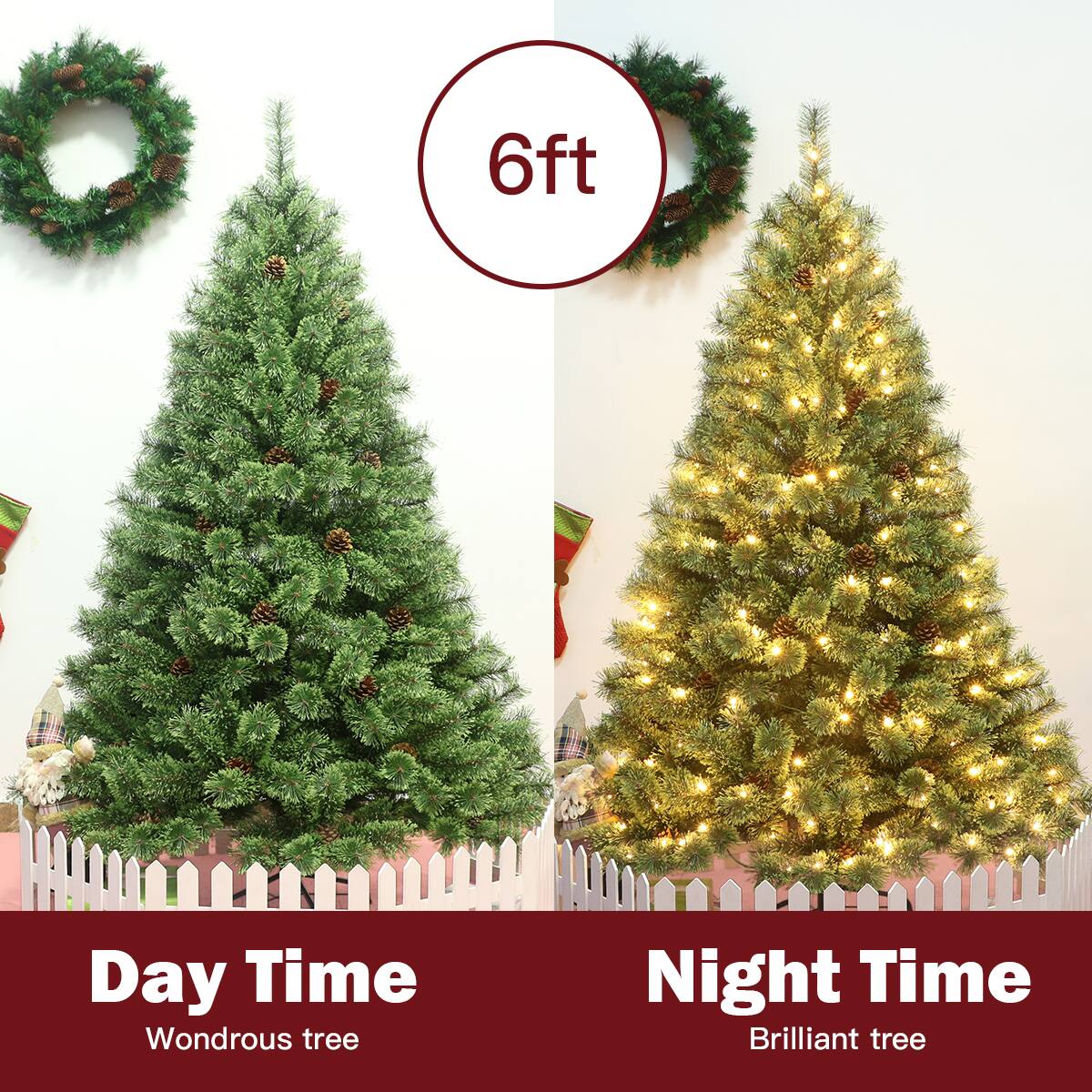 The text on the image is grouped as follows:

1. 6ft Day Time Wondrous tree: This refers to the green Christmas tree in the daytime setting.
2. 6ft Night Time Brilliant tree: This refers to the green Christmas tree in the nighttime setting.