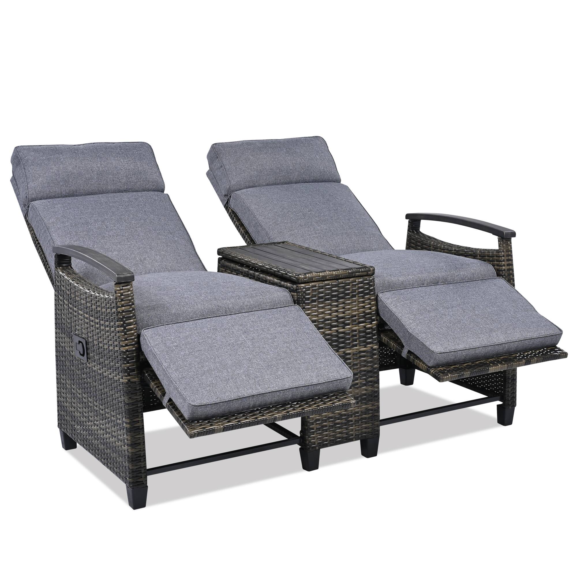 Alt View 4. Mondawe - Patio Adjustable Backrest Wicker Recliner Loveseat Chair with Acacia Wood Armrests and Built-in Storage Table - Gray.
