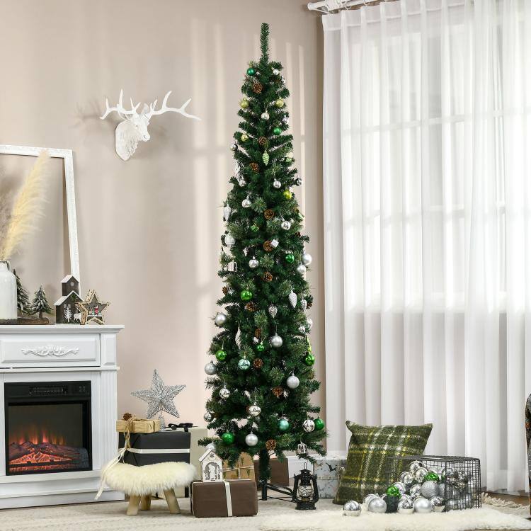 Alt View 1. PULUZ - 7.5 Foot Pencil Artificial Christmas Tree, Slim Pine Needles Xmas Tree with Realistic Branches, Pine Cones, Metal Base - Green.