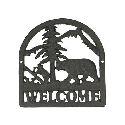 Front. J.D. Yeatts - Rustic Brown Cast Iron Bear & Cub Welcome Sign Wall Hanging Plaque Home Décor Art - Brown.