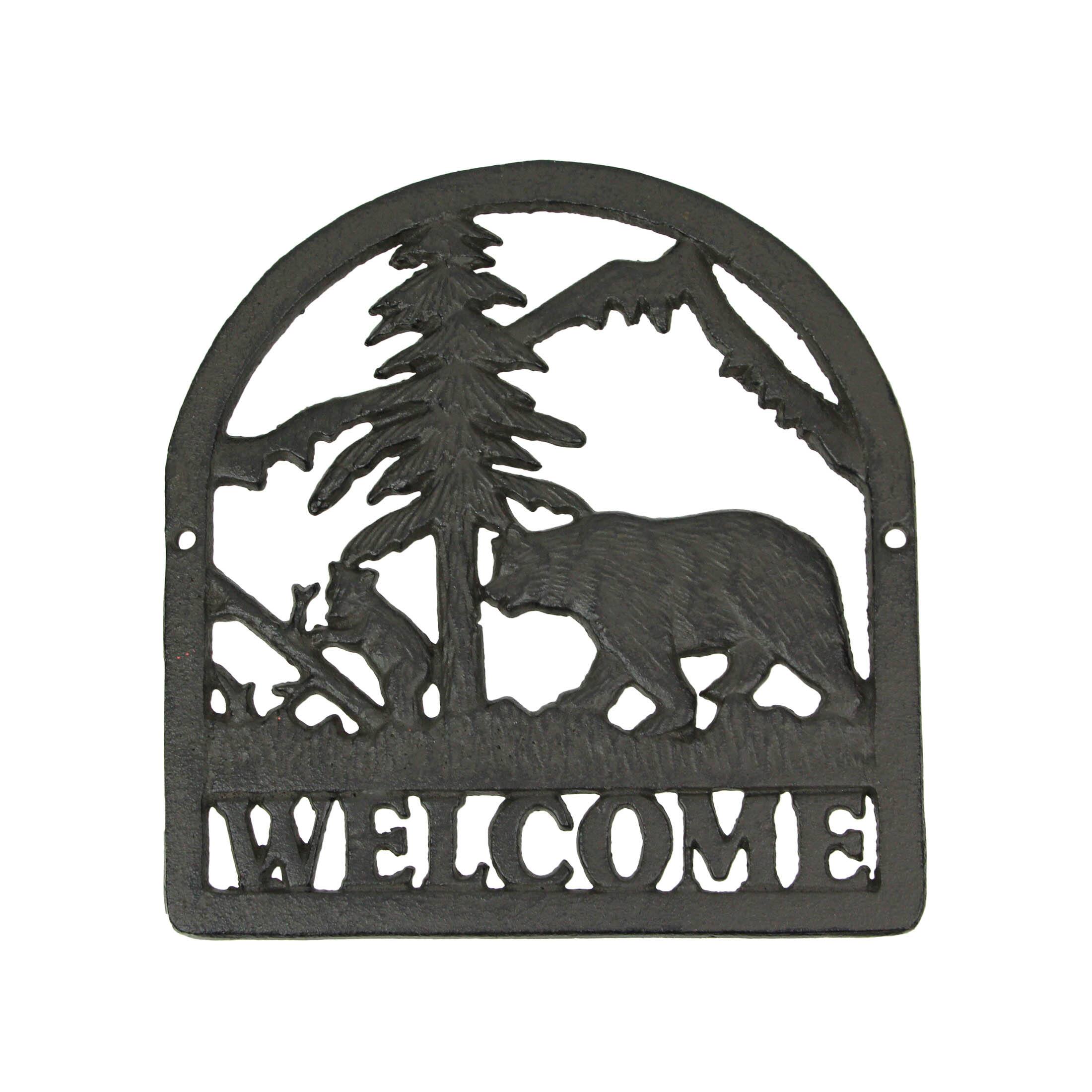 Front. J.D. Yeatts - Rustic Brown Cast Iron Bear & Cub Welcome Sign Wall Hanging Plaque Home Décor Art - Brown.