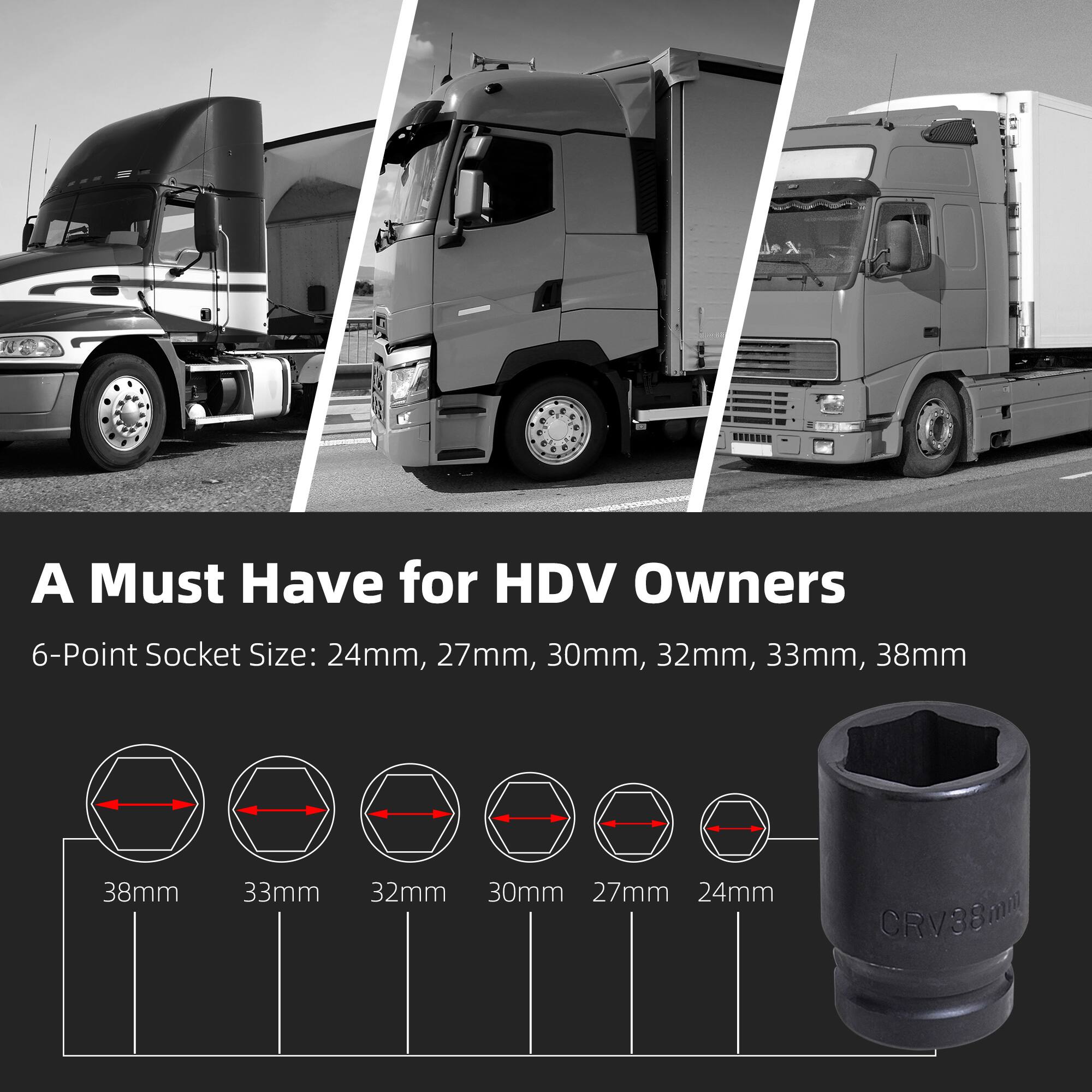 A Must Have for HDV Owners

6-Point Socket Size: 24mm, 27mm, 30mm, 32mm, 33mm, 38mm

38mm 33mm 32mm 30mm 27mm 24mm

CRV38mm