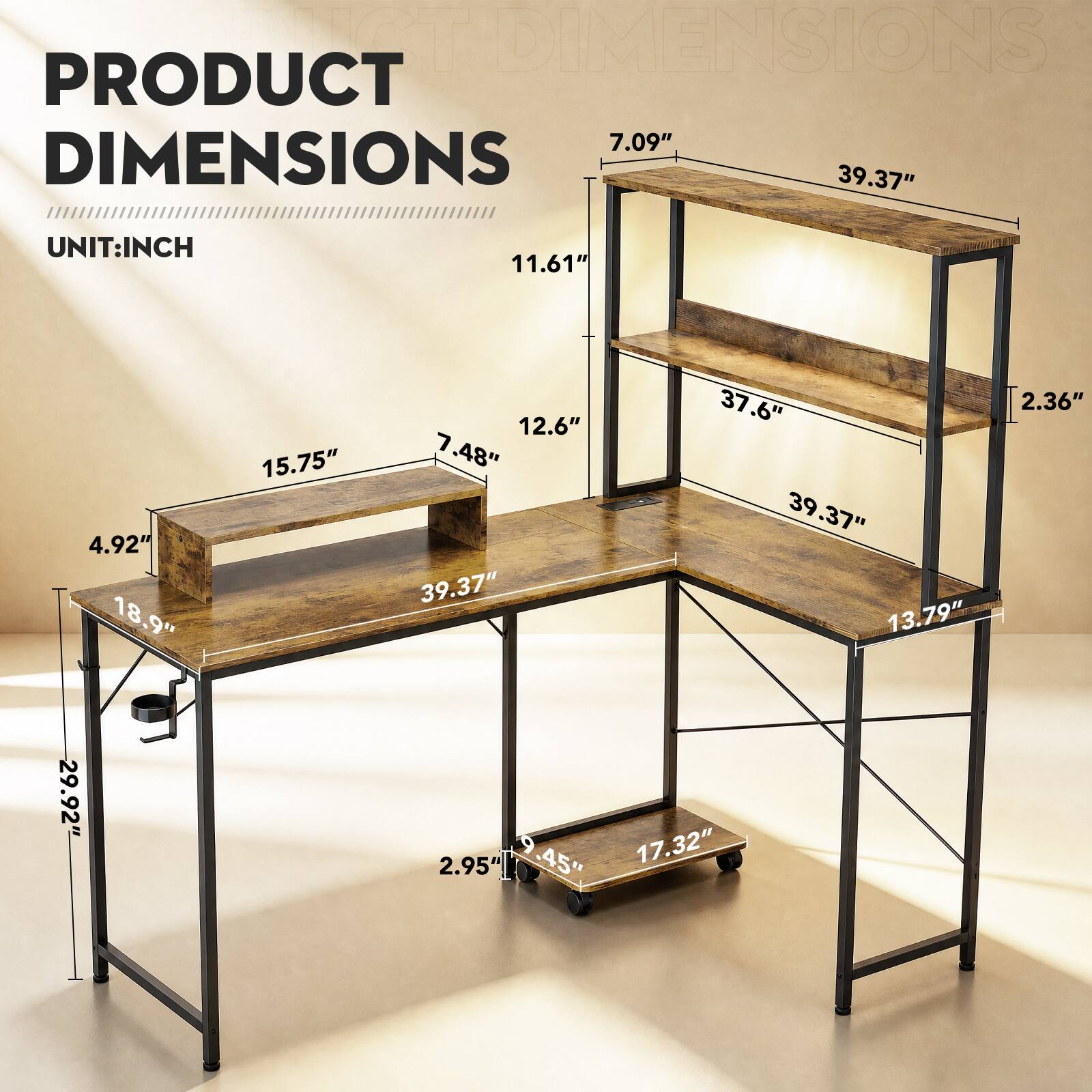 PRODUCT DIMENSIONS  
UNIT: INCH  

- 7.09"  
- 39.37"  
- 11.61"  
- 4.92"  
- 18.9"  
- 29.92"  
- 15.75"  
- 12.6"  
- 7.48"  
- 39.37"  
- 2.95"  
- 45"  
- 37.6"  
- 39.37"  
- 13.79"  
- 17.32"  
- 2.36"