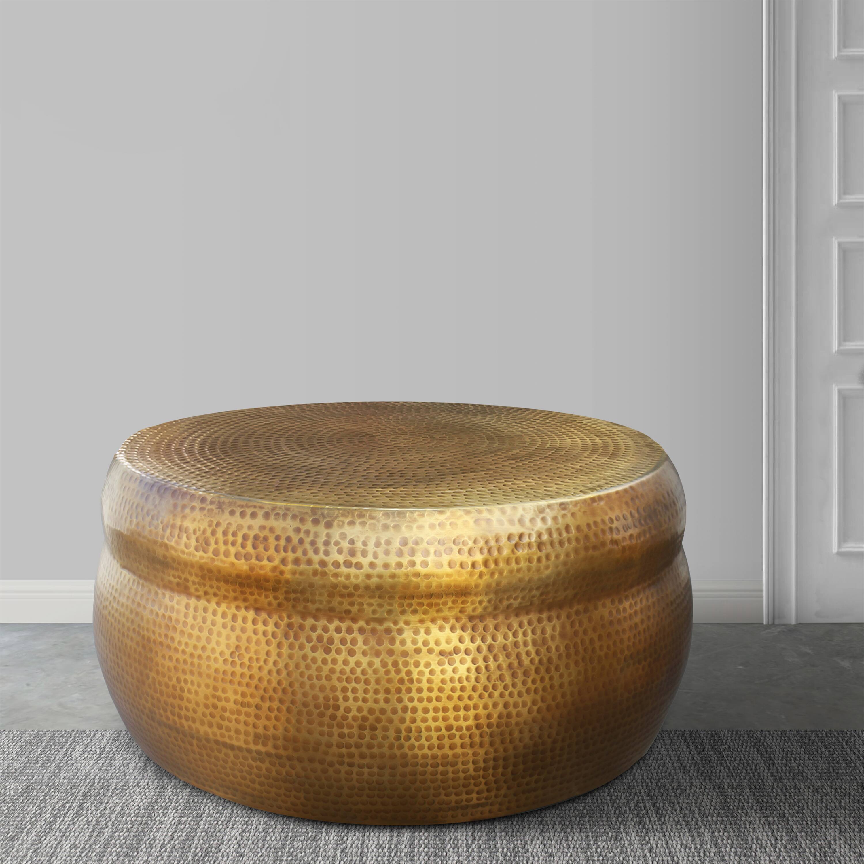 Alt View 2. Manhattan Lane - 32 Inch Artisanal Round Drum Coffee Table, Hammered Embossed Texturing, Aluminum - Brass.
