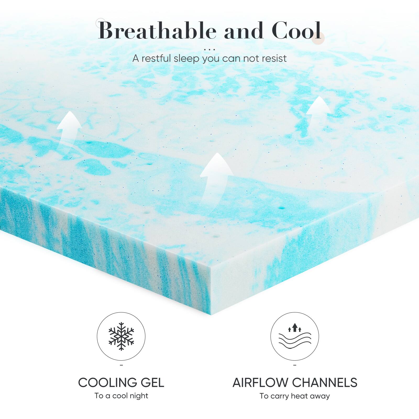 Breathable and Cool  
A restful sleep you can not resist

COOLING GEL  
To a cool night

AIRFLOW CHANNELS  
To carry heat away