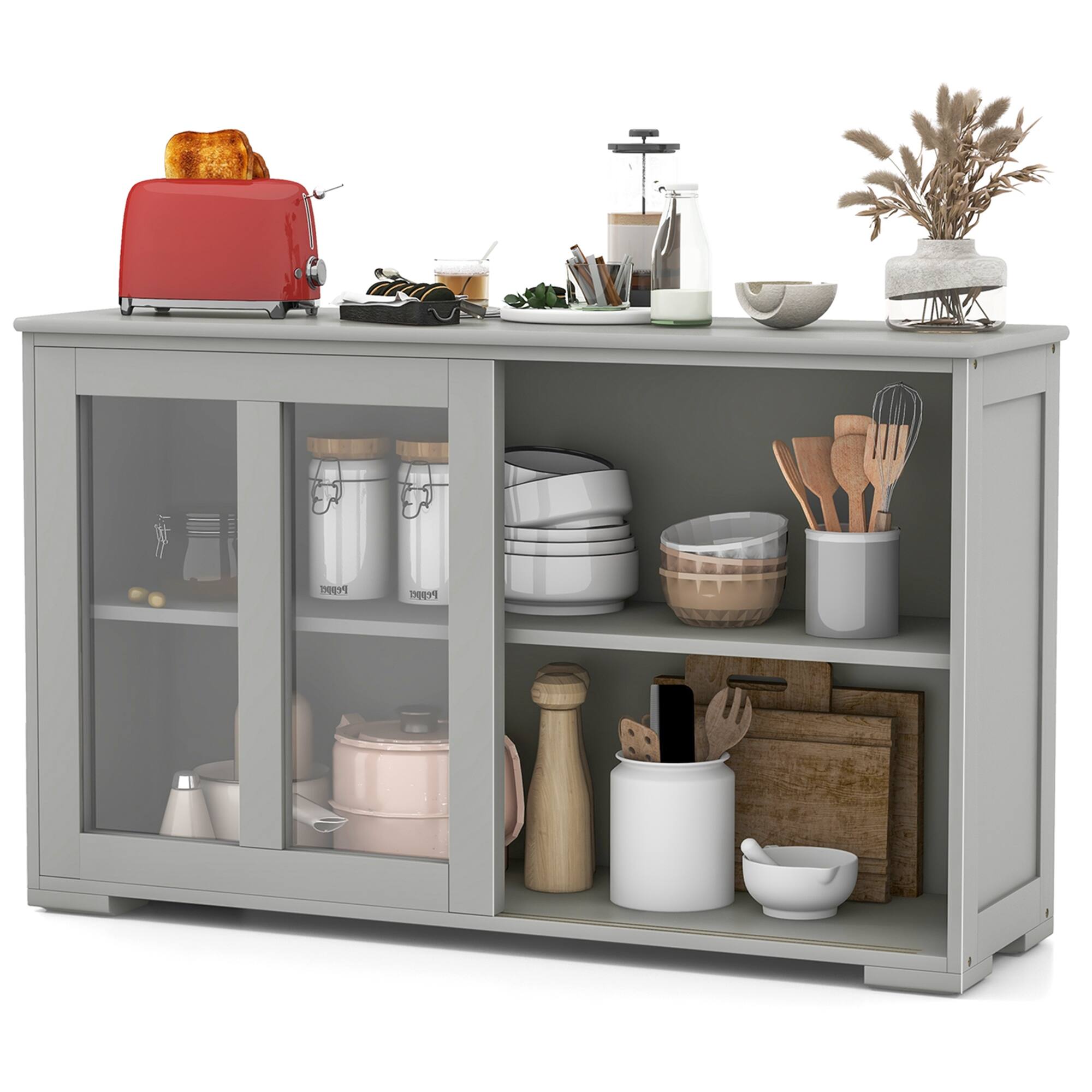 Pepper, salt, and spice shakers are displayed on the counter.