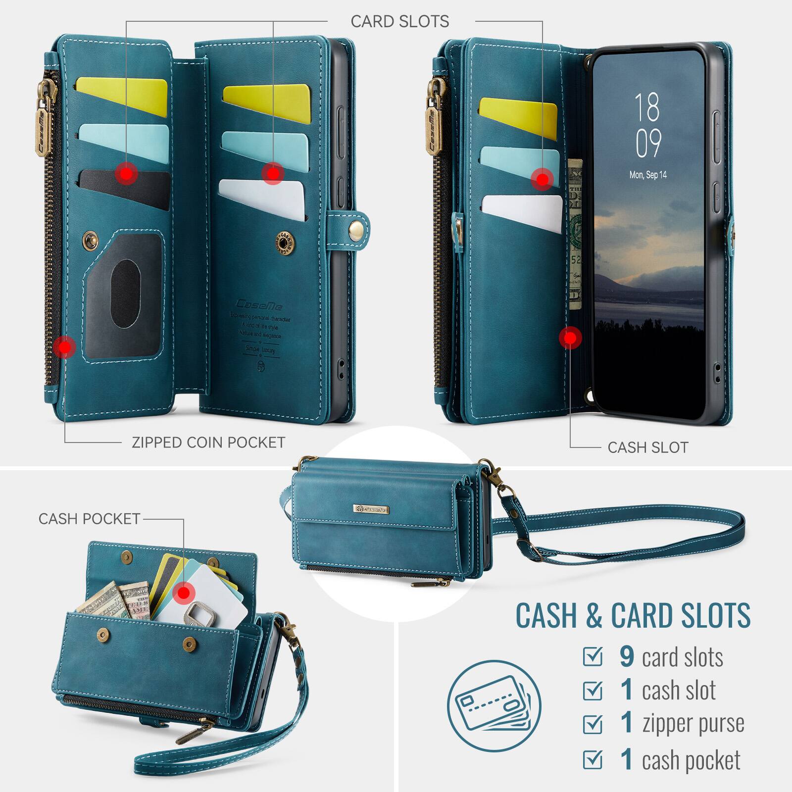 CARD SLOTS

18 09 Mon, Sep 14

52

Caseme pesza Sander - Bvrrje DE inguan Simple

ZIPPED COIN POCKET

CASH SLOT

CASH POCKET

Kentory

100 ANA

CASH & CARD SLOTS

9 card slots

1 cash slot

1 zipper purse

1 cash pocket