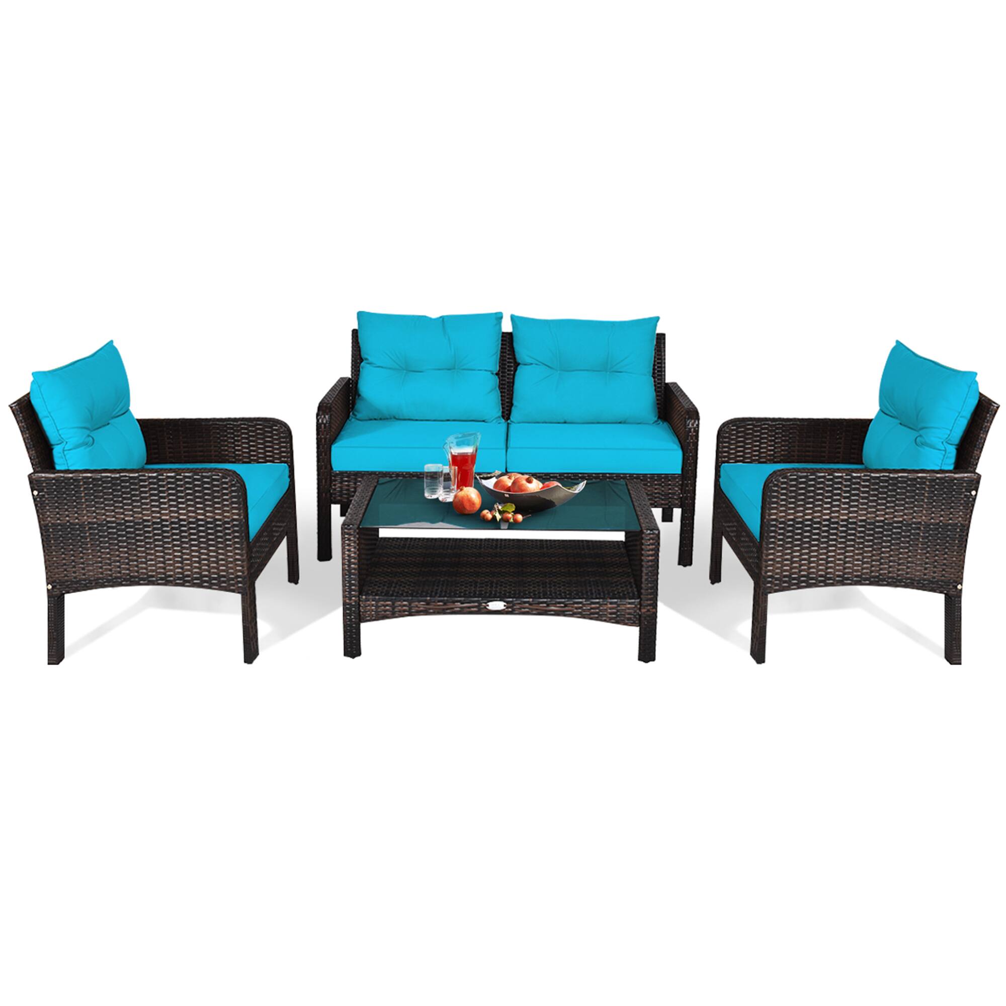 Alt View 3. Gymax - Gymax 4PCS Rattan Patio Furniture Conversation Set Cushioned Outdoor Furniture Set - Turquoise.