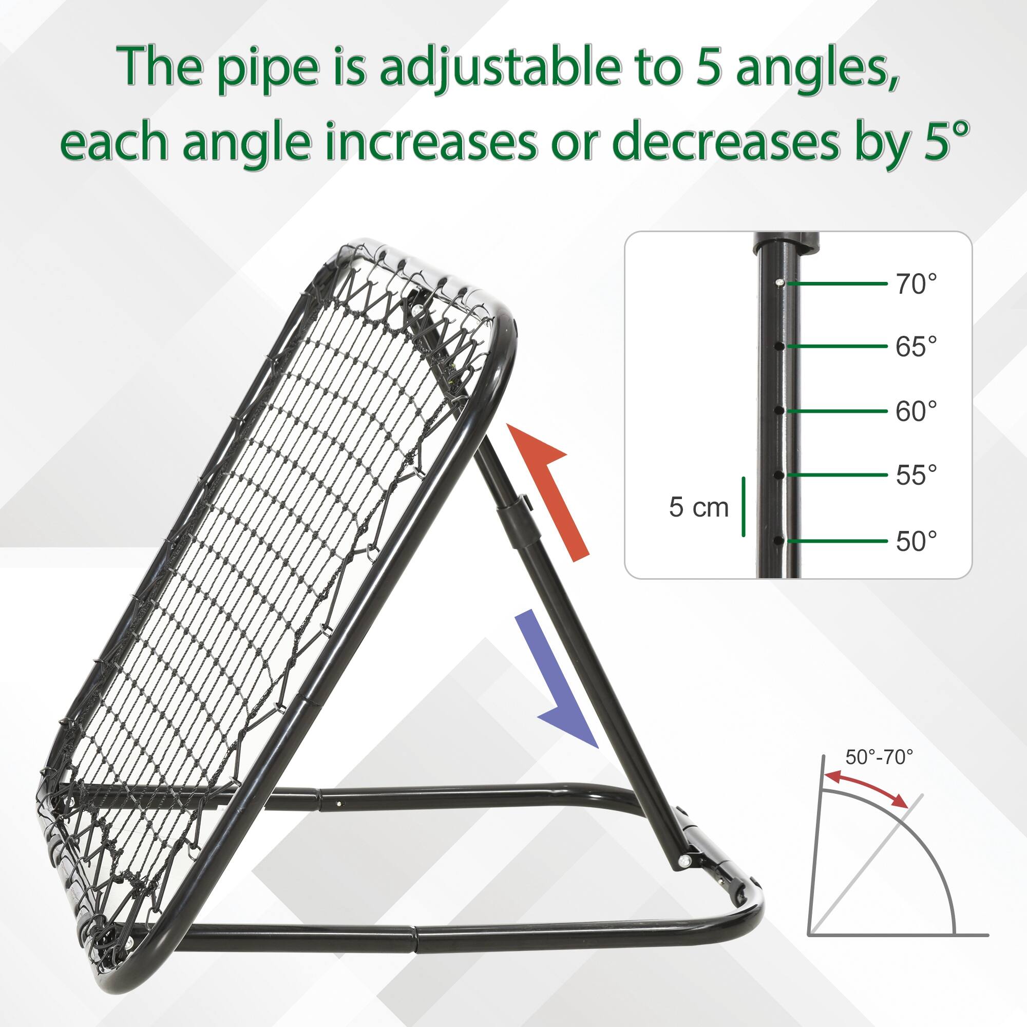 The pipe is adjustable to 5 angles, each angle increases or decreases by 5°. The angles are 70°, 65°, 60°, 55°, and 50°. The pipe can be adjusted to a range of 50°-70°.