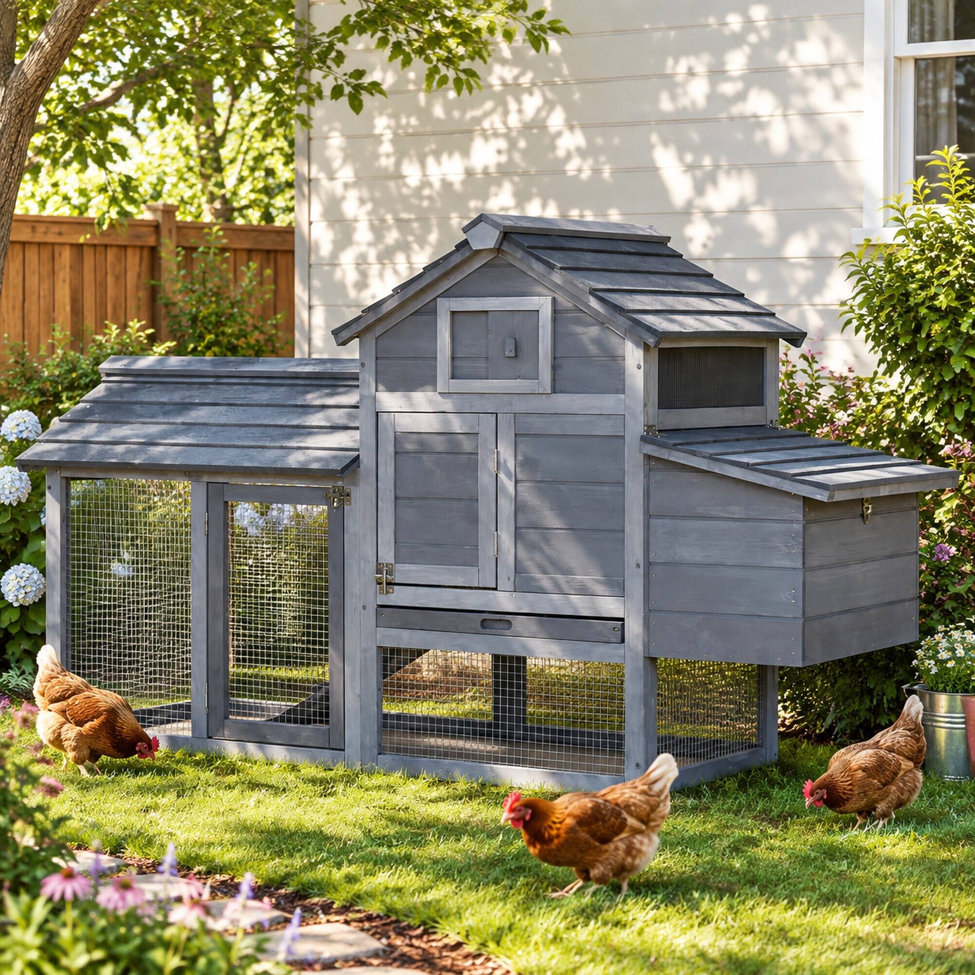 Alt View 1. RYHNUYNE - Wooden Chicken Coop, Fir Hen House, Elevated Box and Run, 59.25 in L, Grey.